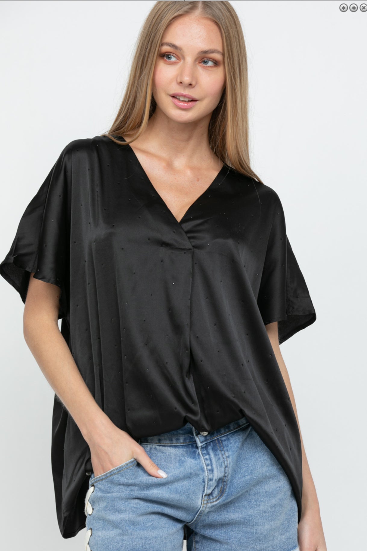 Black Satin Loose Fit Top w/ All Over Stones