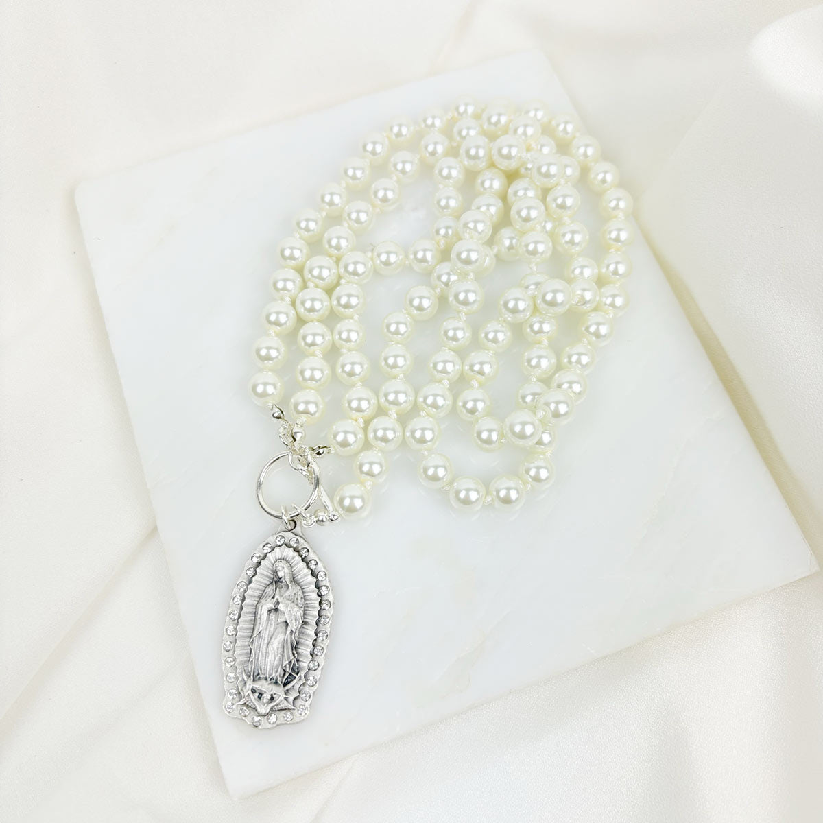 Our Lady of Guadalupe Pearl Necklace/Silver