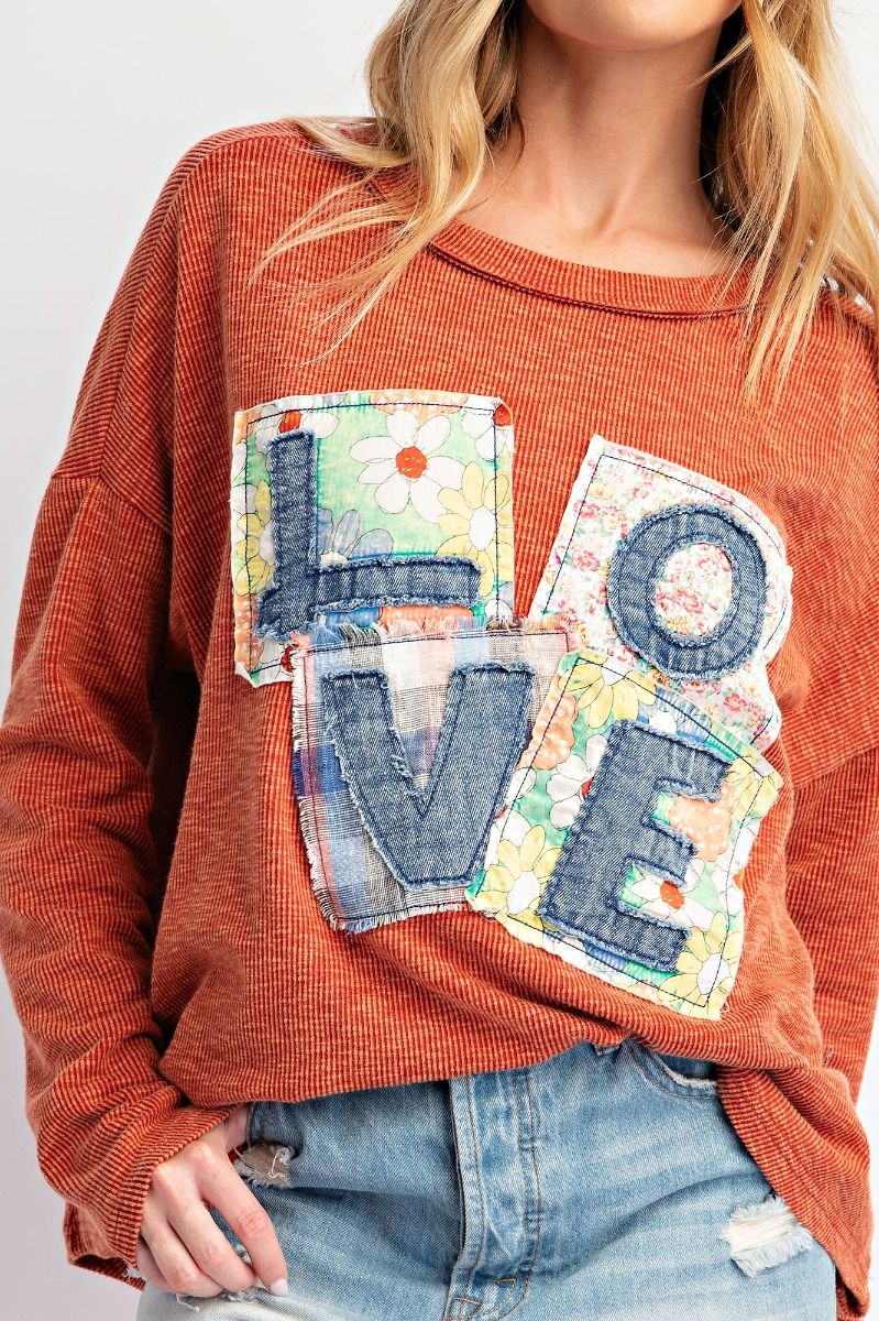 Rust Love Patch Rib Knit Mineral Washed Top