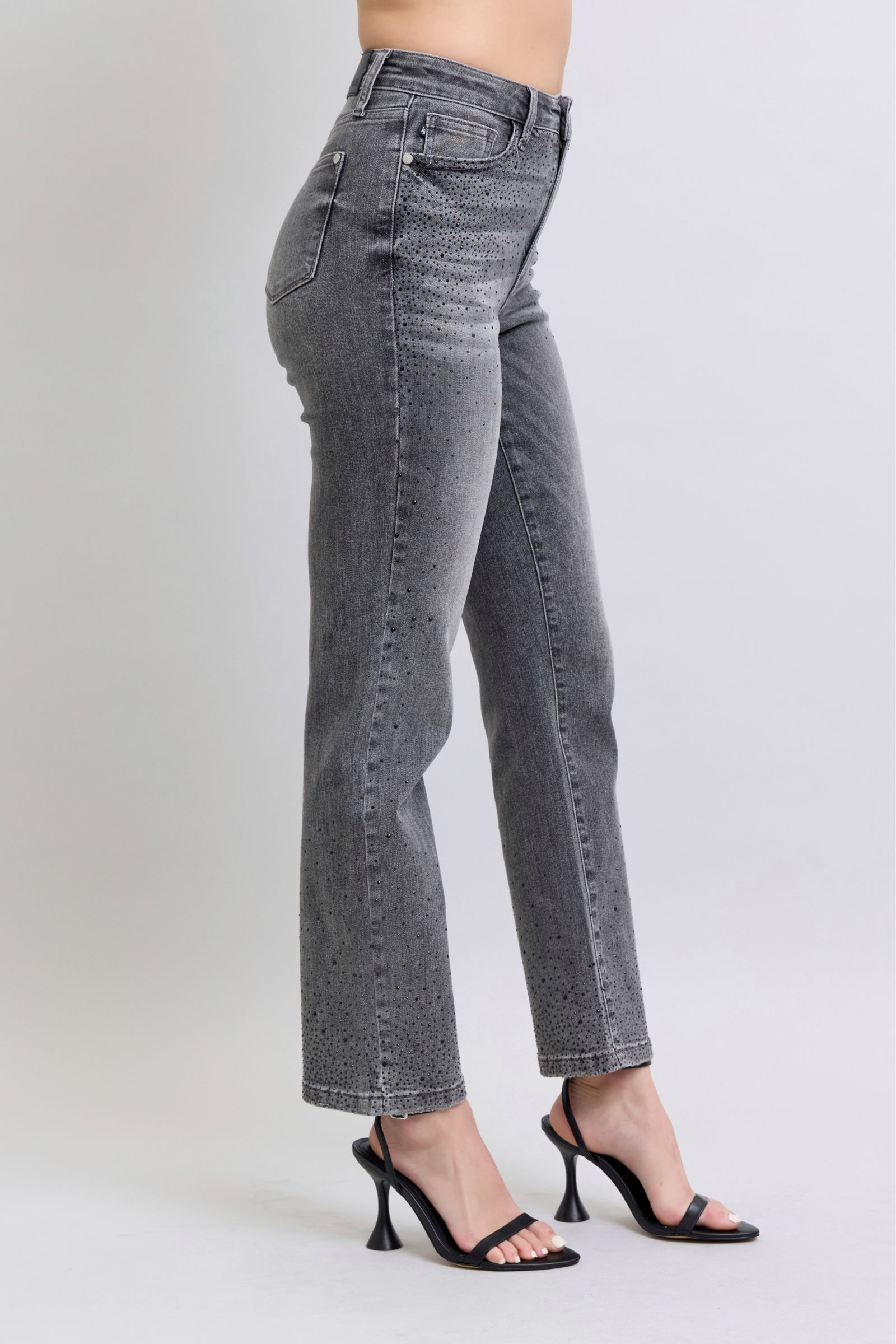 Grey/Black Judy Blue High Waist Rhinestone Straight Jeans