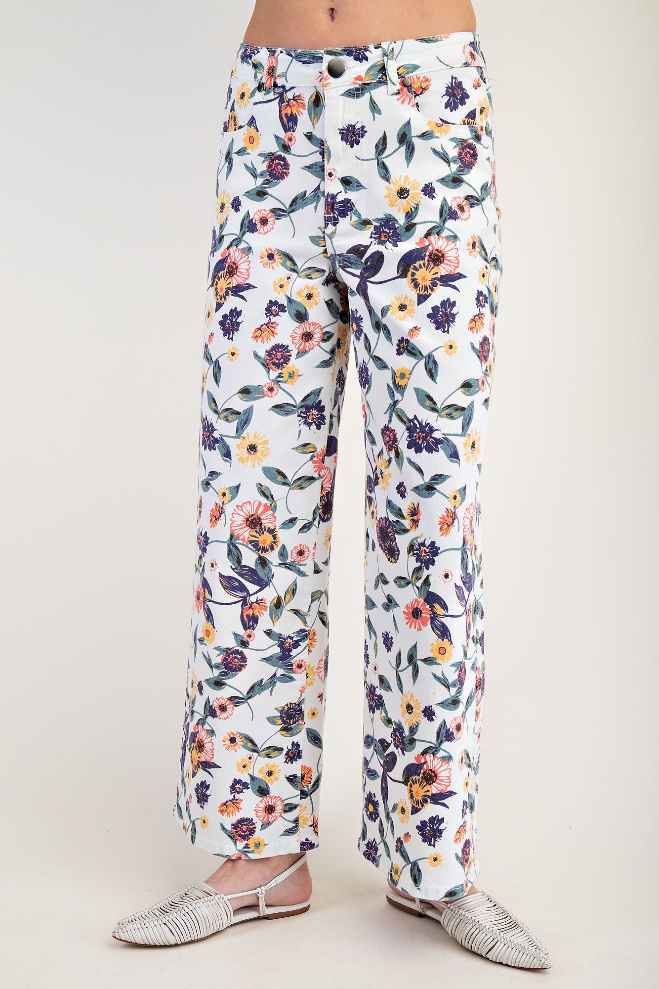 White Washed Floral Print Denim Twill Pants