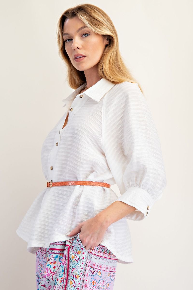 White Textured Woven Button Down Shirt