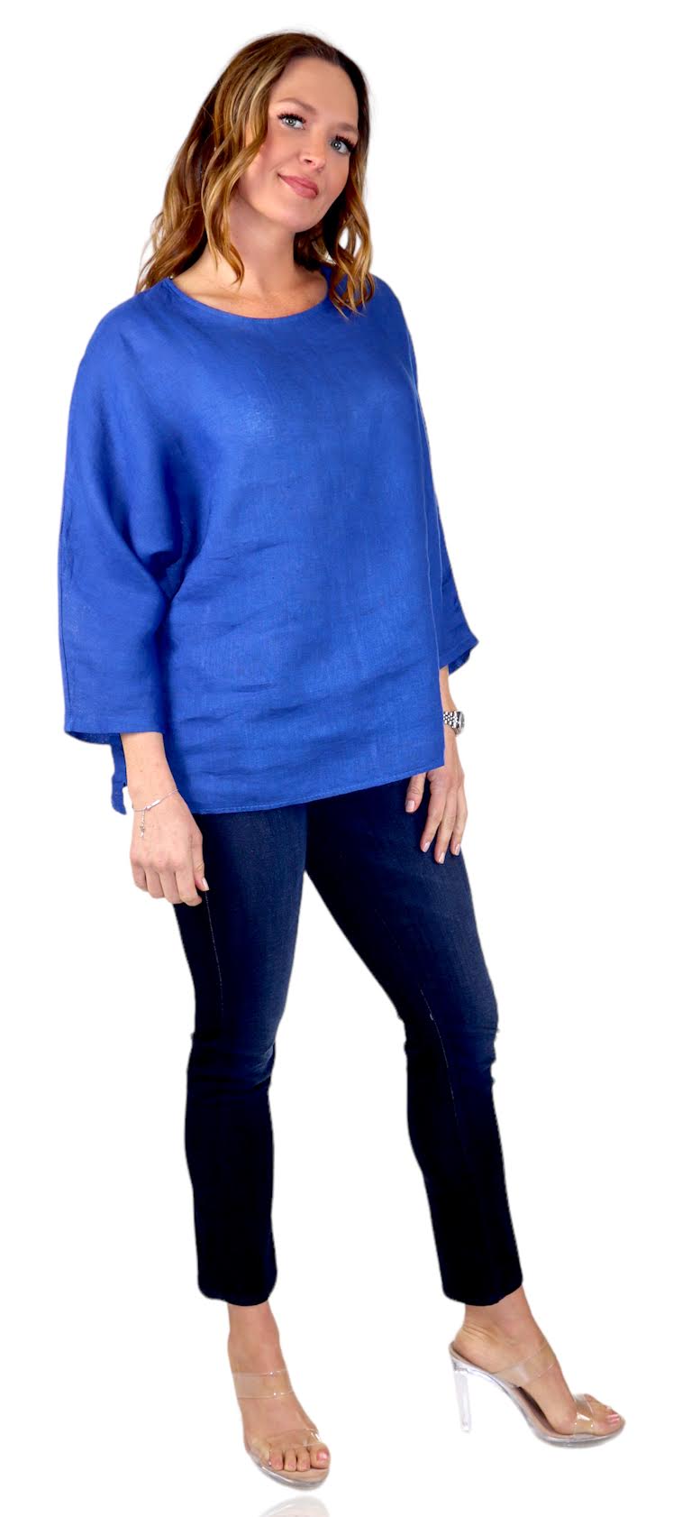 Royal Blue  3/4 Sleeve Washed Linen Top