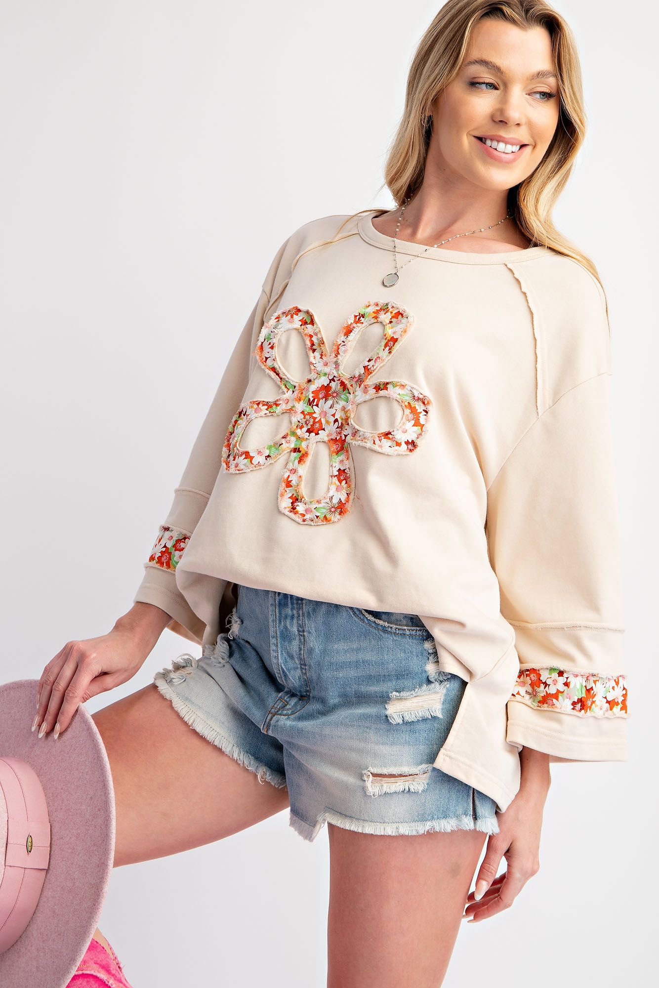 Ecru Flower Patch Terry Knit Top