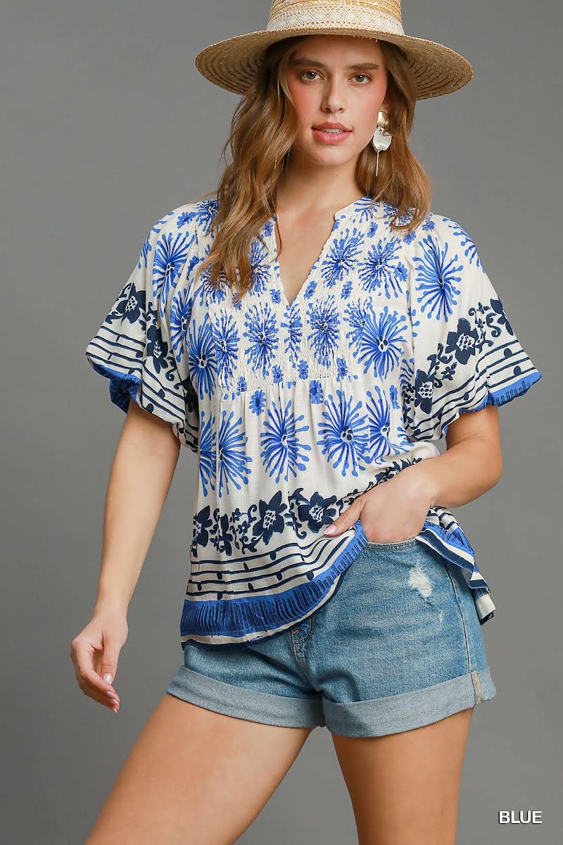 Blue Mixed Border Print Smocked Top