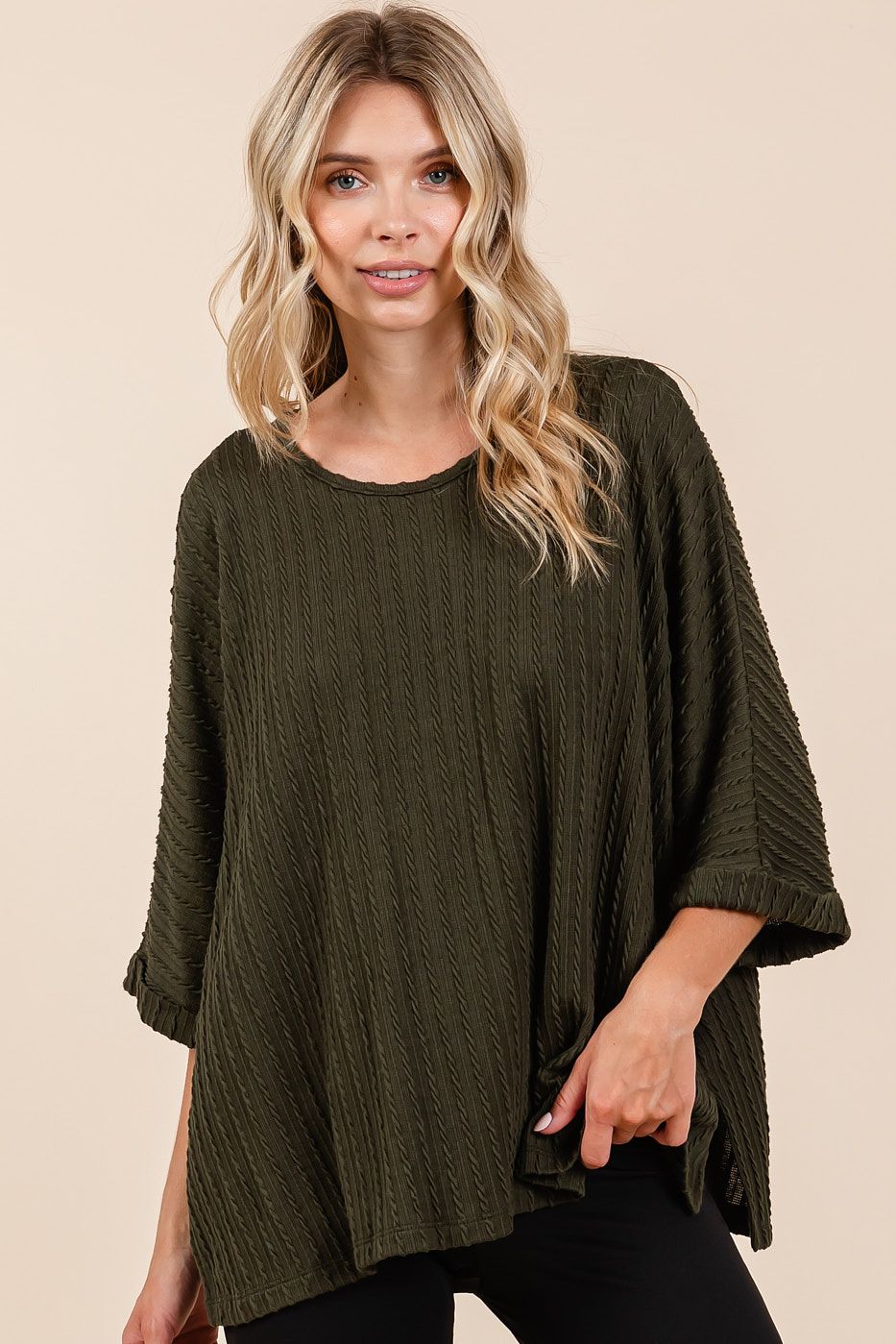 Olive Textured Knit Oversized Top