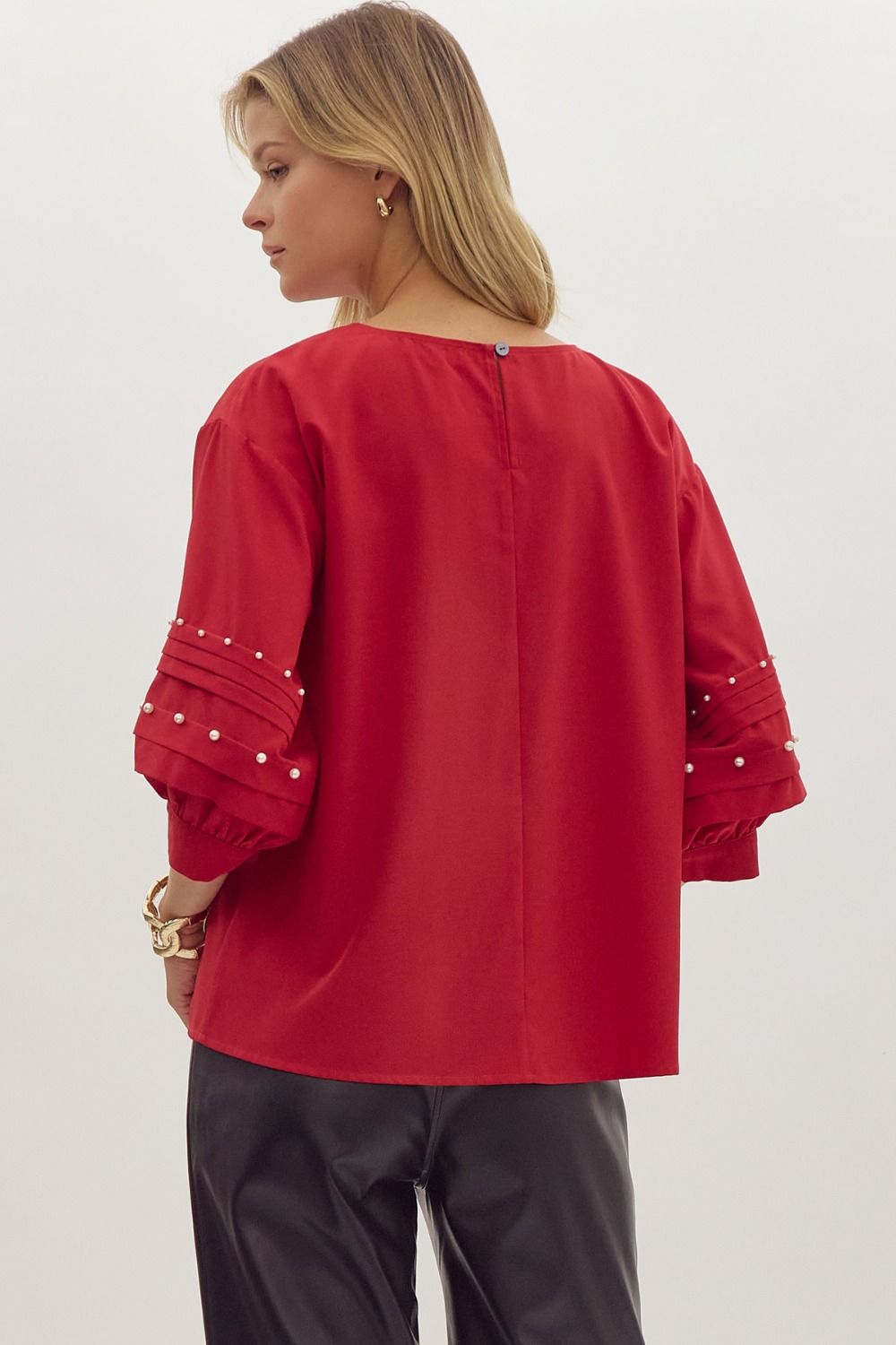 Red Knit Top w/ Pearl & Pleat Details