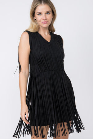 Black Faux Suede Sleeveless Fringed Mini Dress