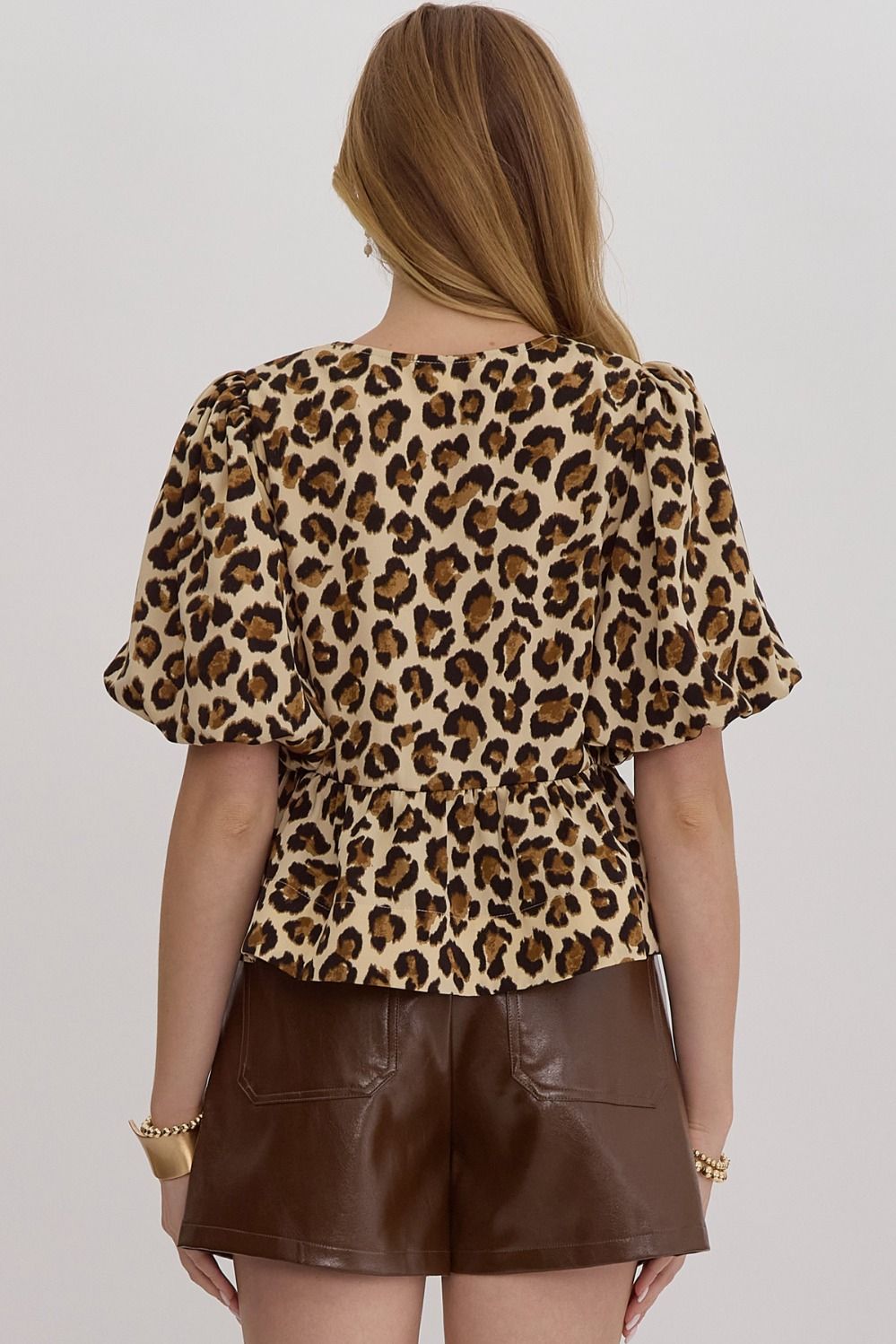 Ecru Leopard Print Bubble Sleeve Peplum Top