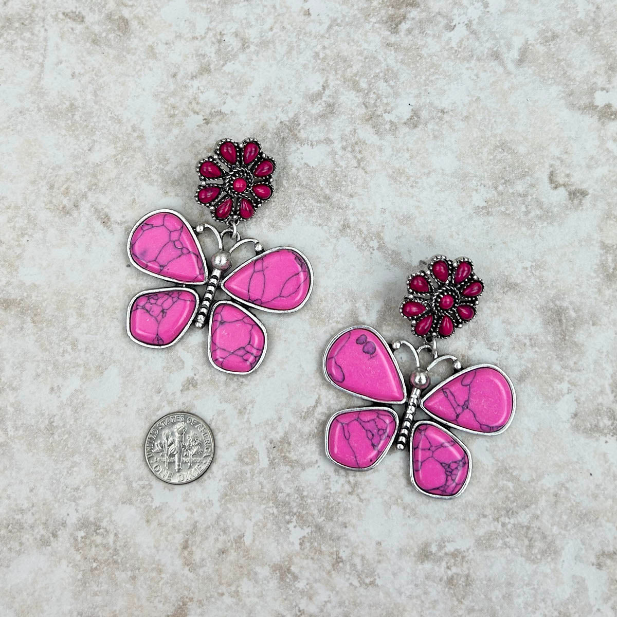 Hot Pink Stone on Silver Fashion Butterfly Earrings