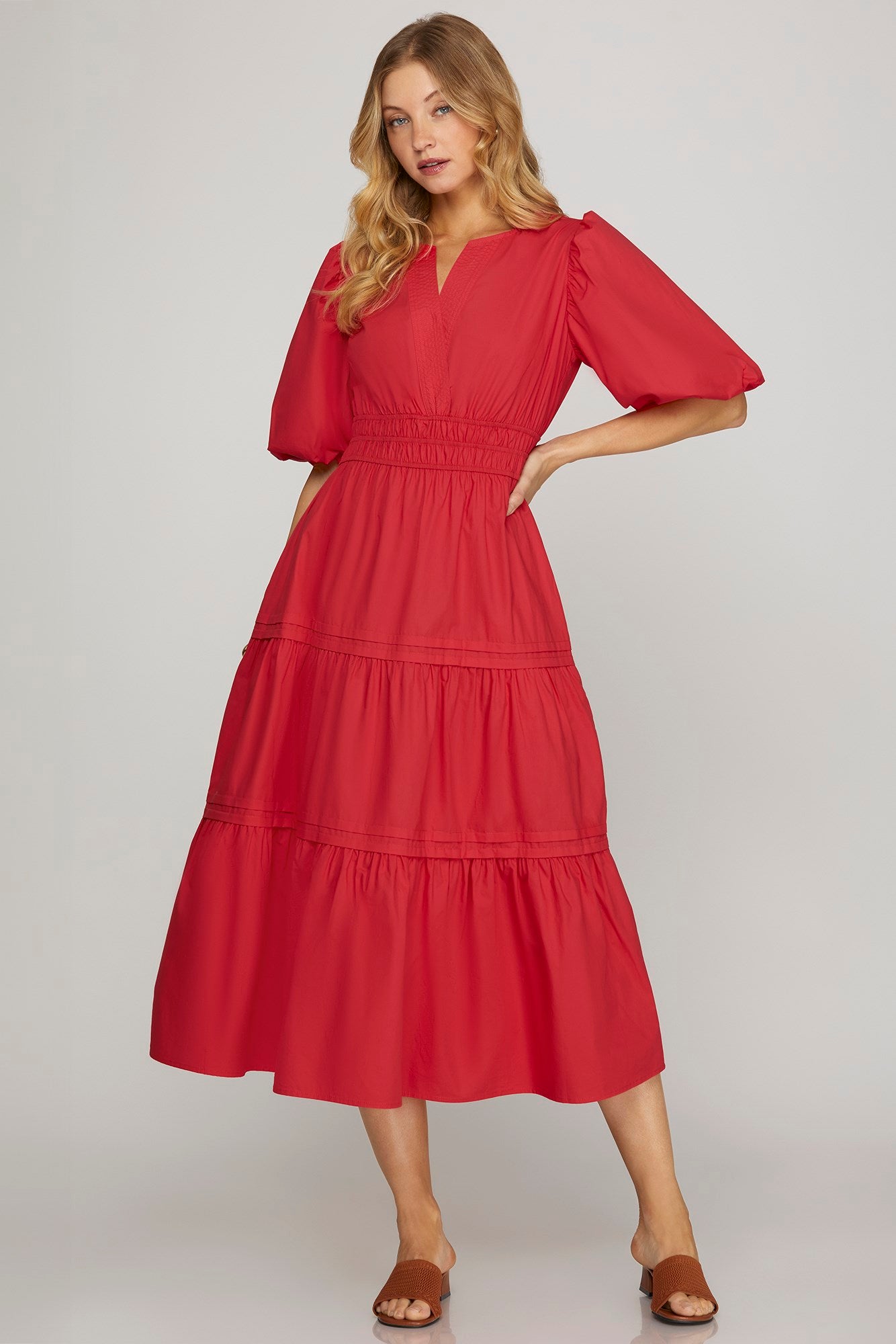 Red Balloon Half Sleeve Woven Poplin Midi Dress