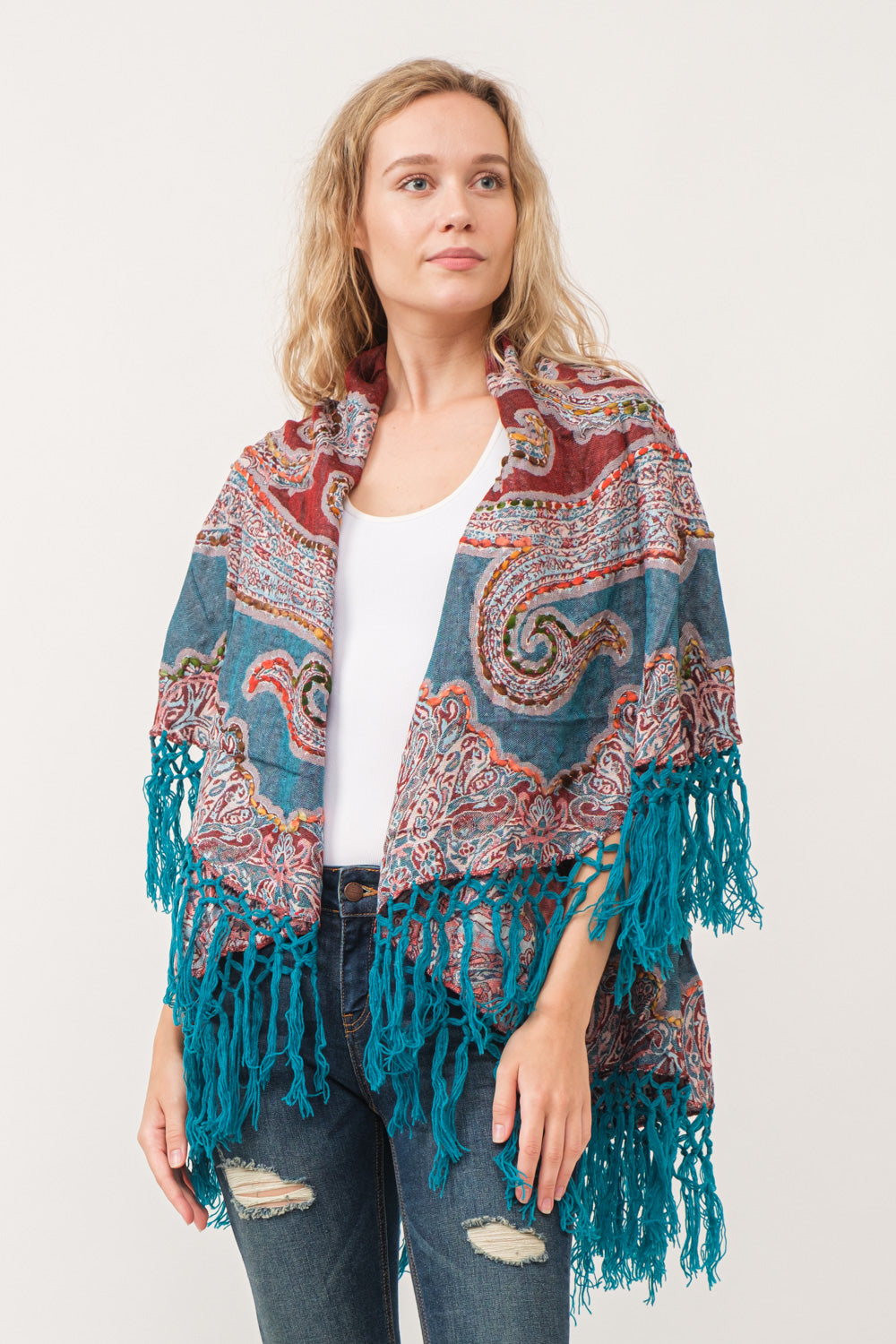 Teal w/ Multi Colors Embroidered Fringed Poncho Vest