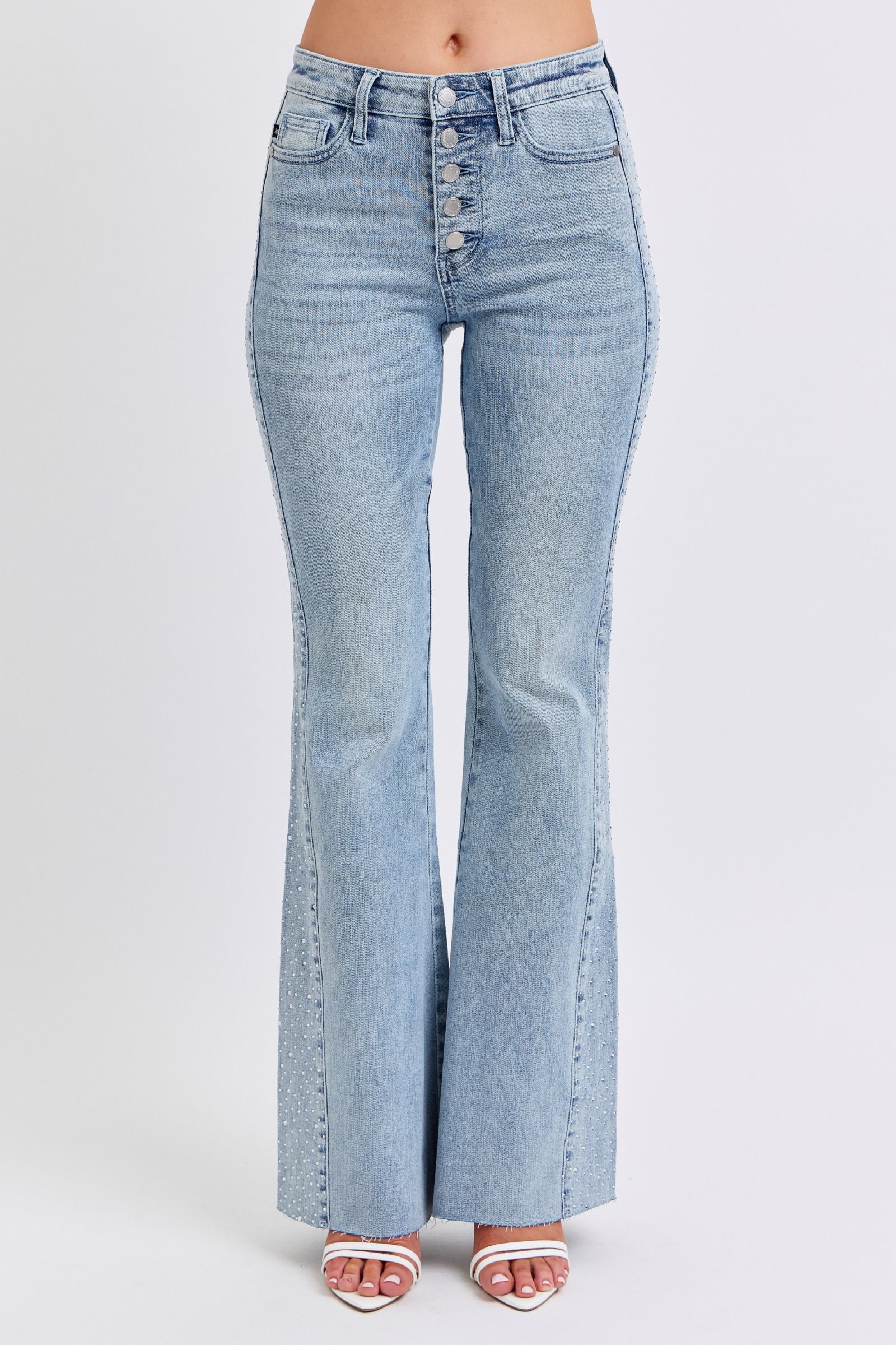 Mid Rise Flare Rhinestone Side Panel Detail Jeans by Judy Blue