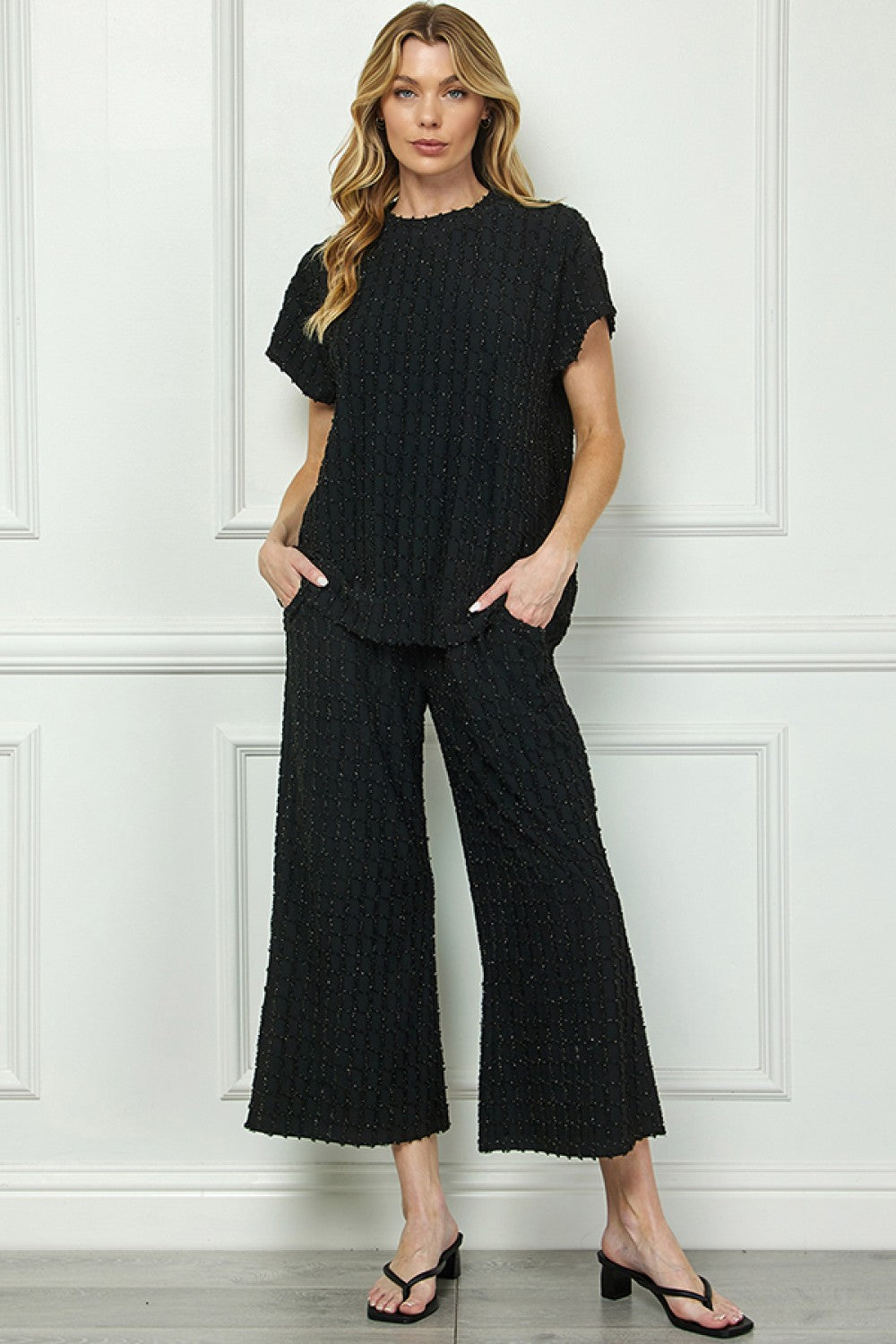 Black Glitter Textured Short Sleeve Top & Pant Set