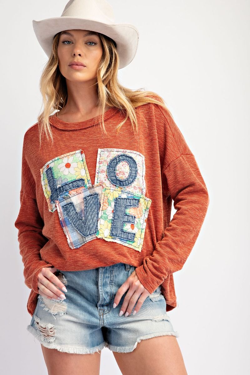 Rust Love Patch Rib Knit Mineral Washed Top