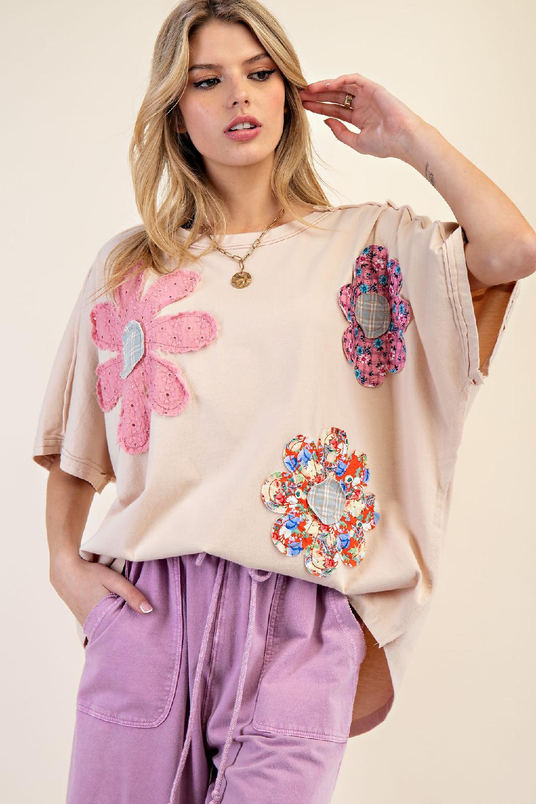 Cream Pullover Tee w/ Pastel Flower Patch Accents