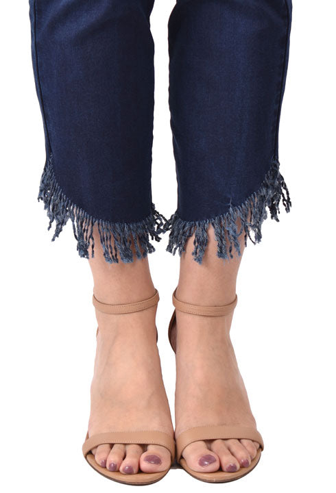 Dark Wash Pull On Frayed Jeans, by Ethyl