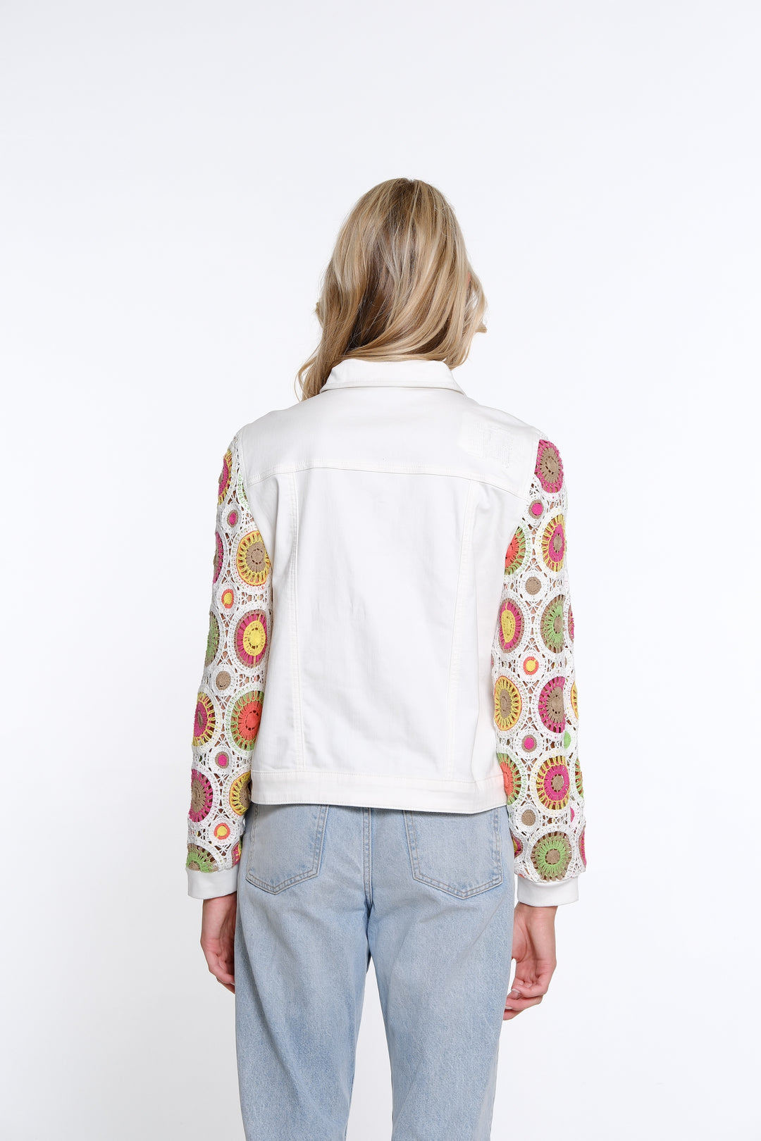 White Denim Jacket w/ Crochet Detailed Sleeves by Multiples