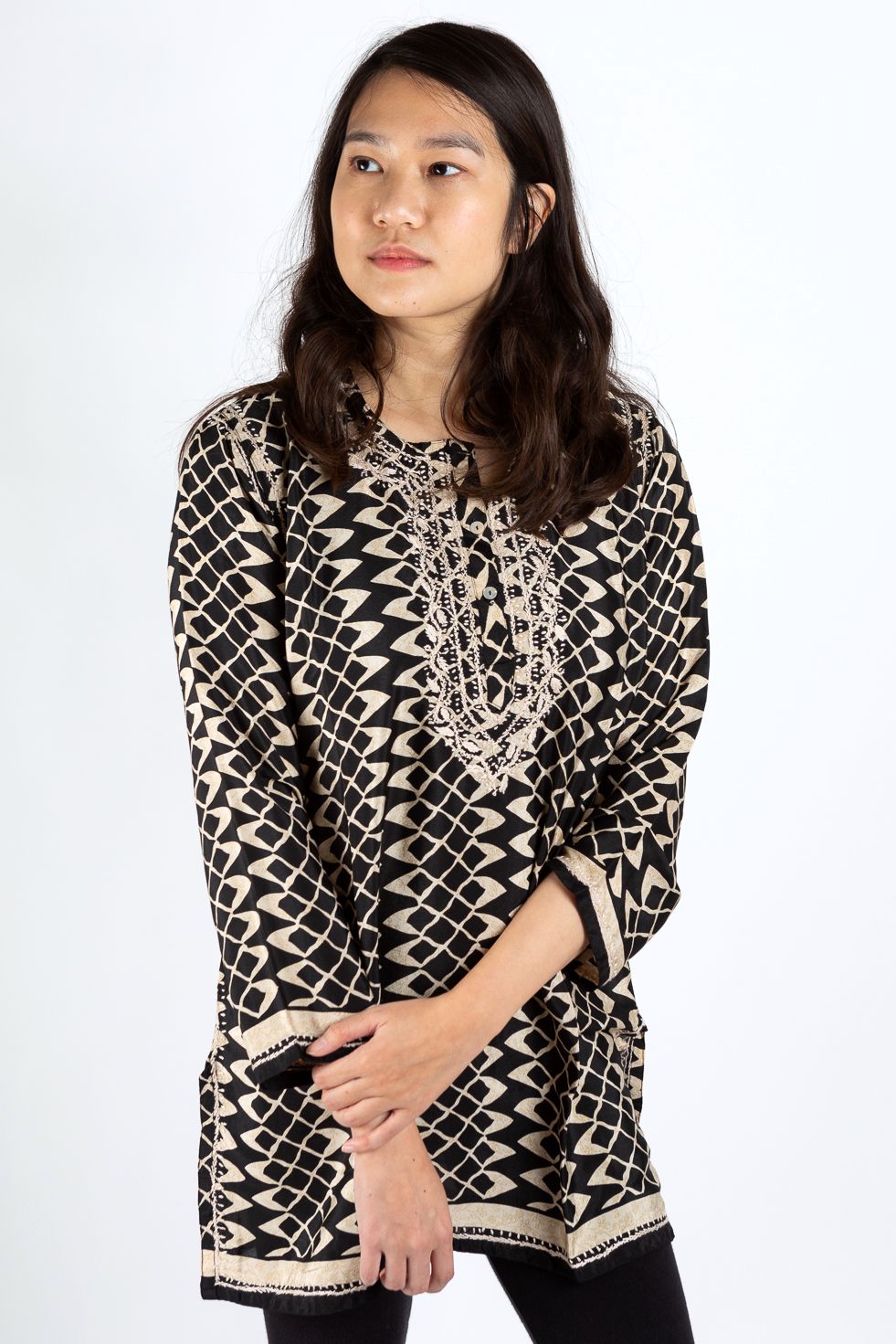 Black Silk Blend Tunic w/ Khaki Embroidery