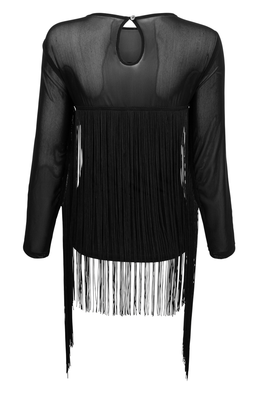 Western Inspired Black Mesh Top w/ Fringe Details, by Vintage Collection