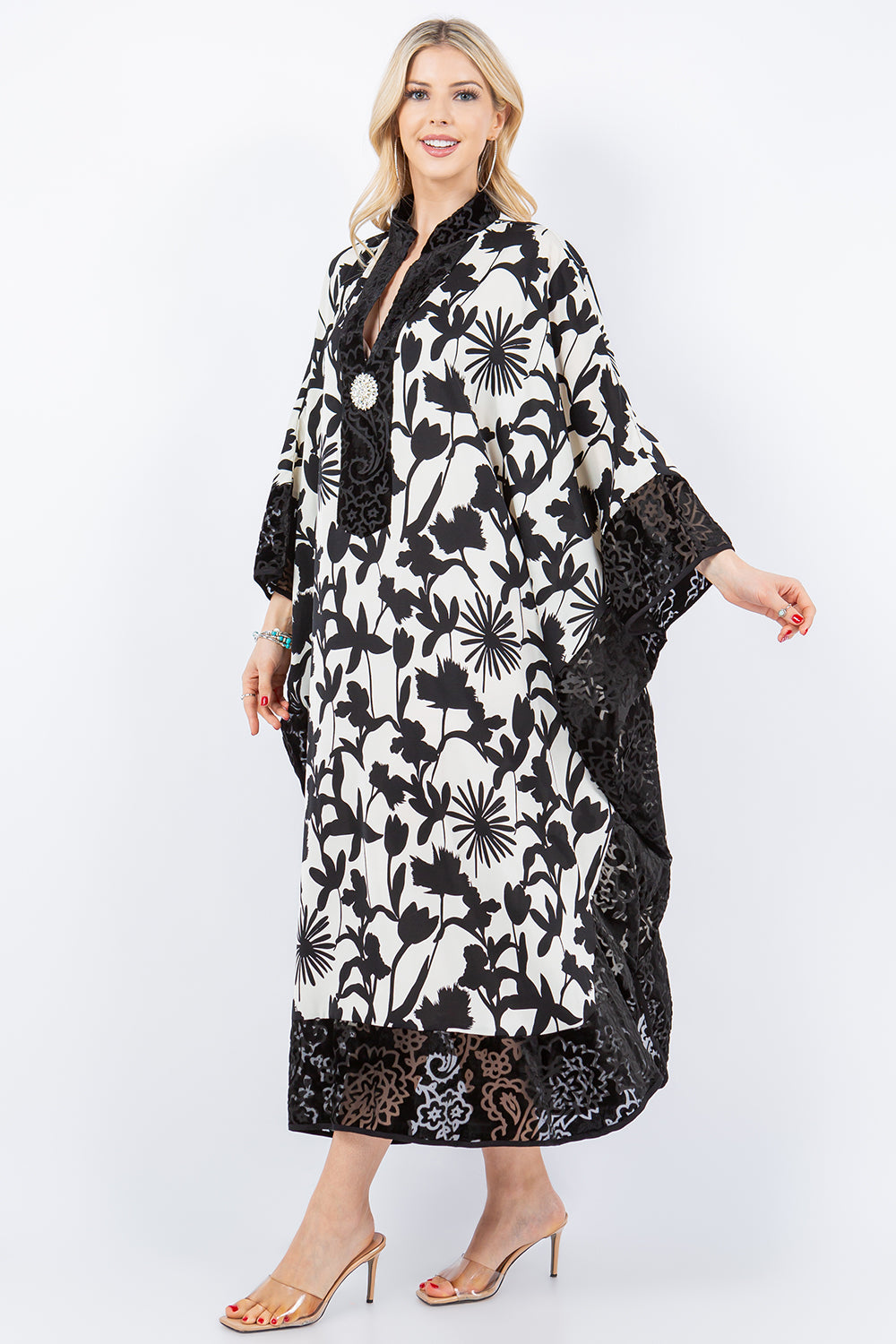 Black & White Kaftan w/ Black Velvet Details