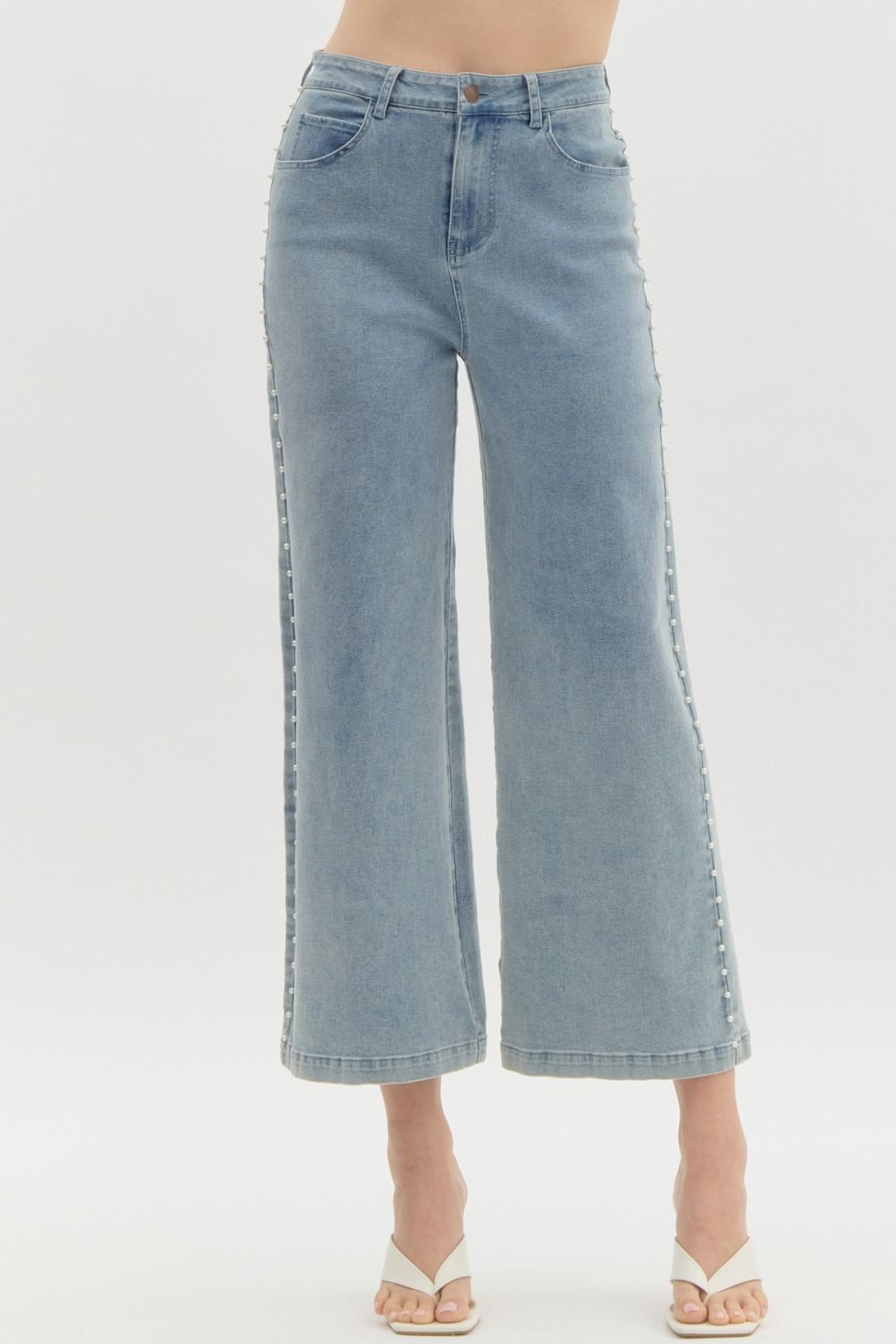 Denim Wide Leg Jeans w/ Pearl Details