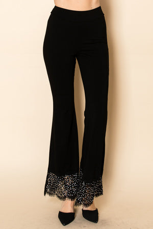 Black Flared Knit Pants with Lace & Crystal-Embellished Hem