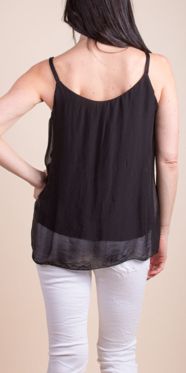 Black Silk Tank w/ Metallic Thread Straps