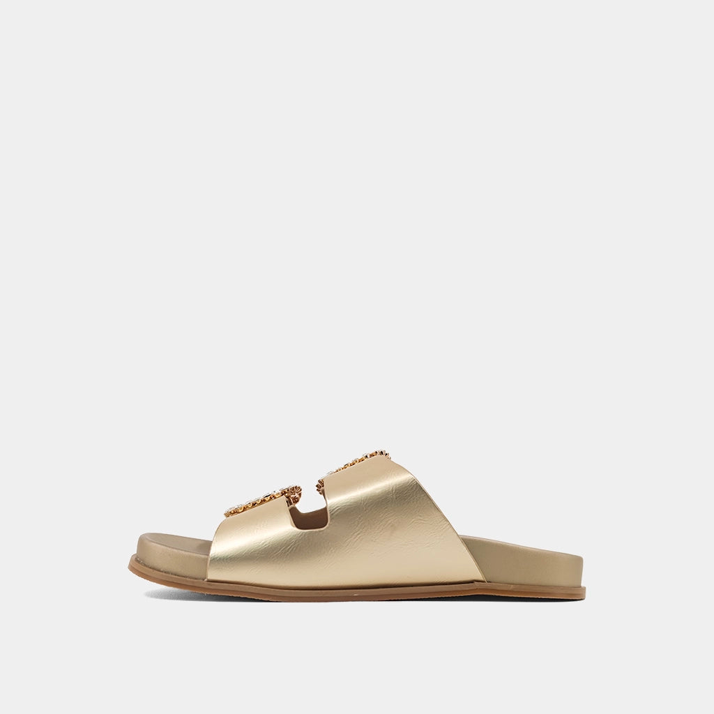 Gold Slip On Sandal w/ Crystal Buckle by Shushop