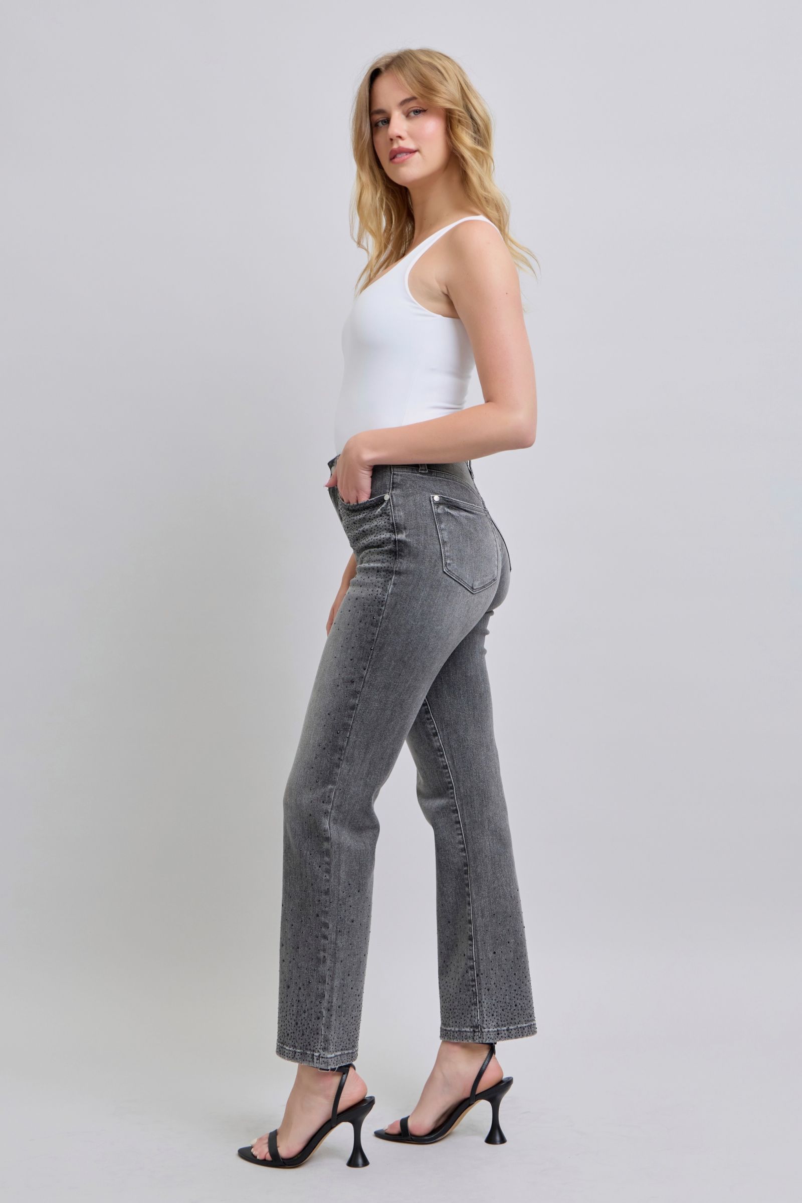 Grey/Black Judy Blue High Waist Rhinestone Straight Jeans