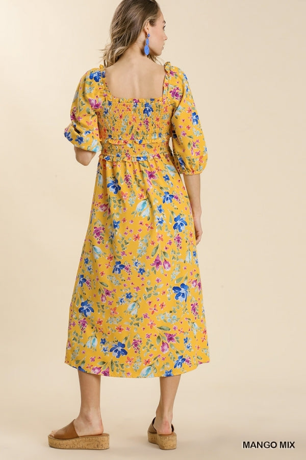 Mango Mix Floral Print Smocked Dress