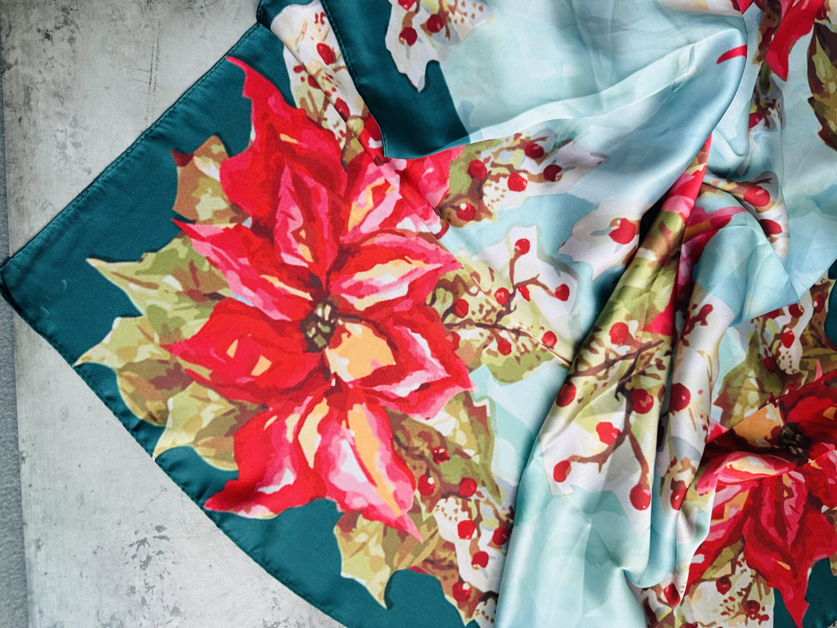 Poinsettia on Shades of Turquoise Silk Wild Rag