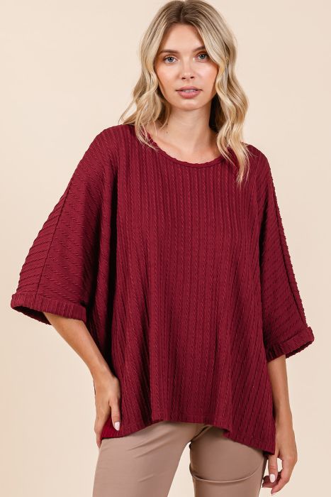 Wine Textured Knit Oversized Top