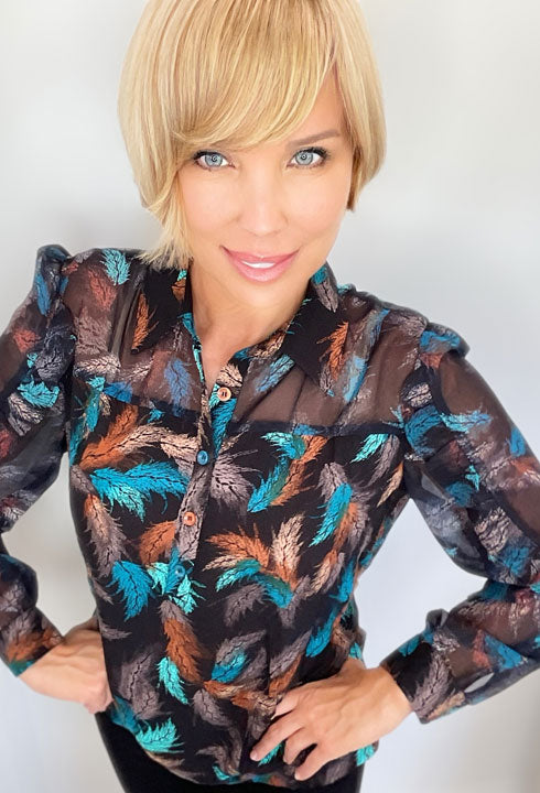 Sheer Elegance Feather Print Long Sleeve Top by Ethyl