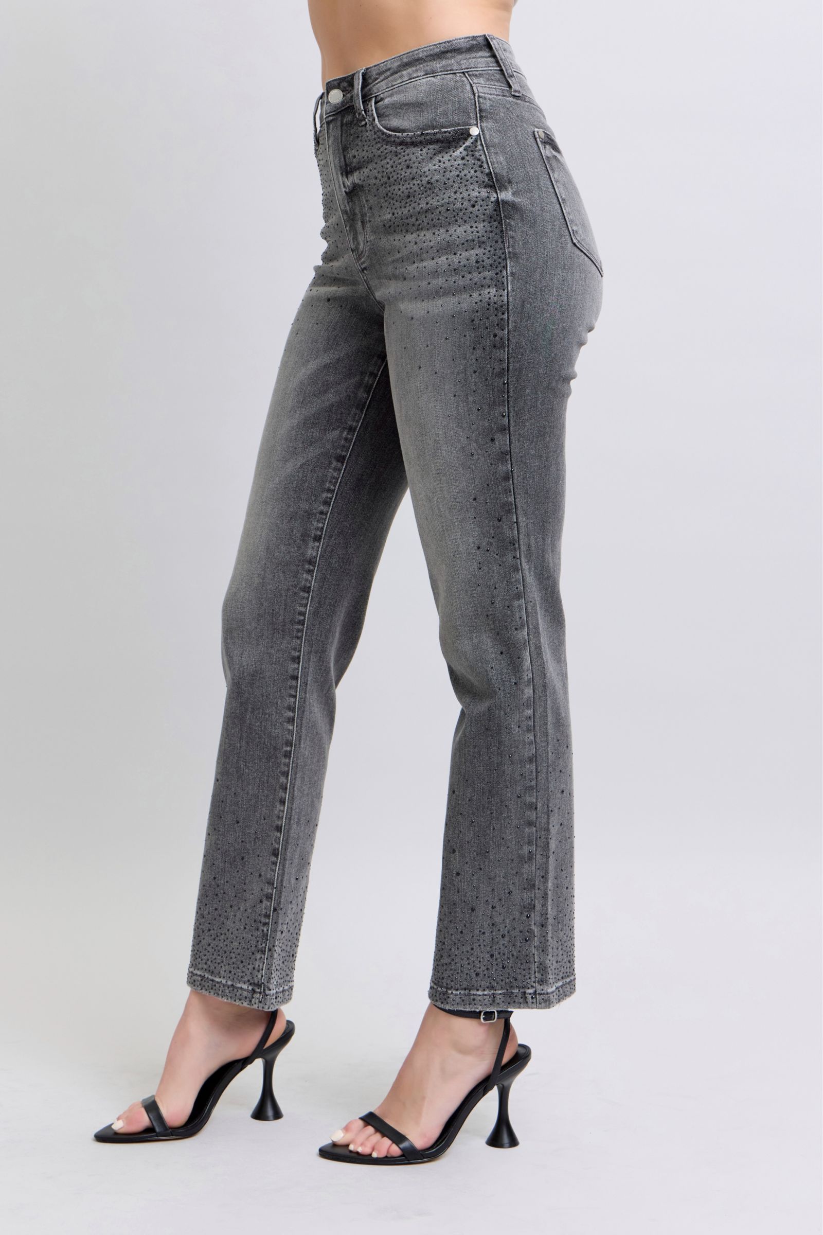 Grey/Black Judy Blue High Waist Rhinestone Straight Jeans