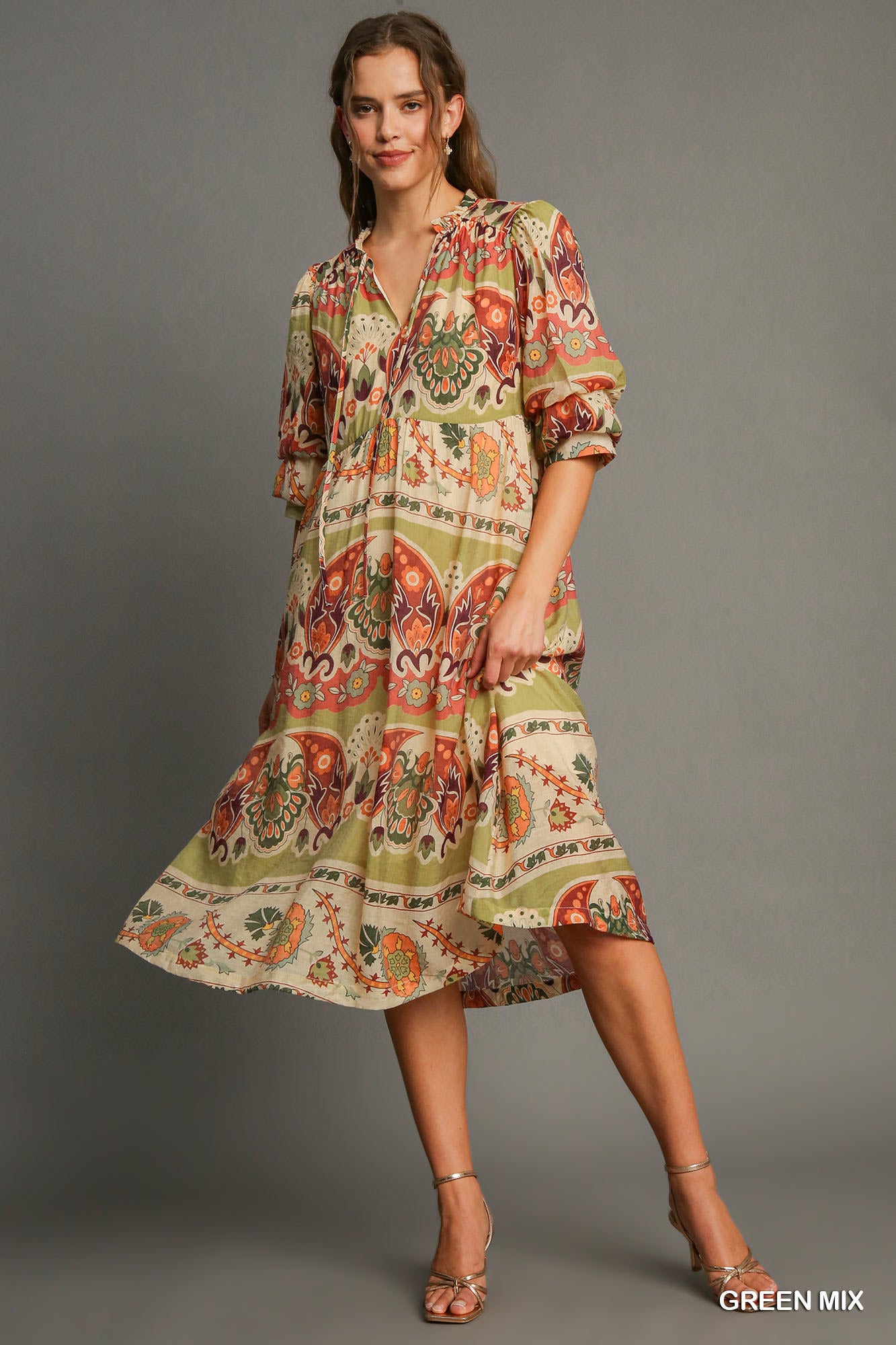 Green, Cream & Rust Border Print Dress