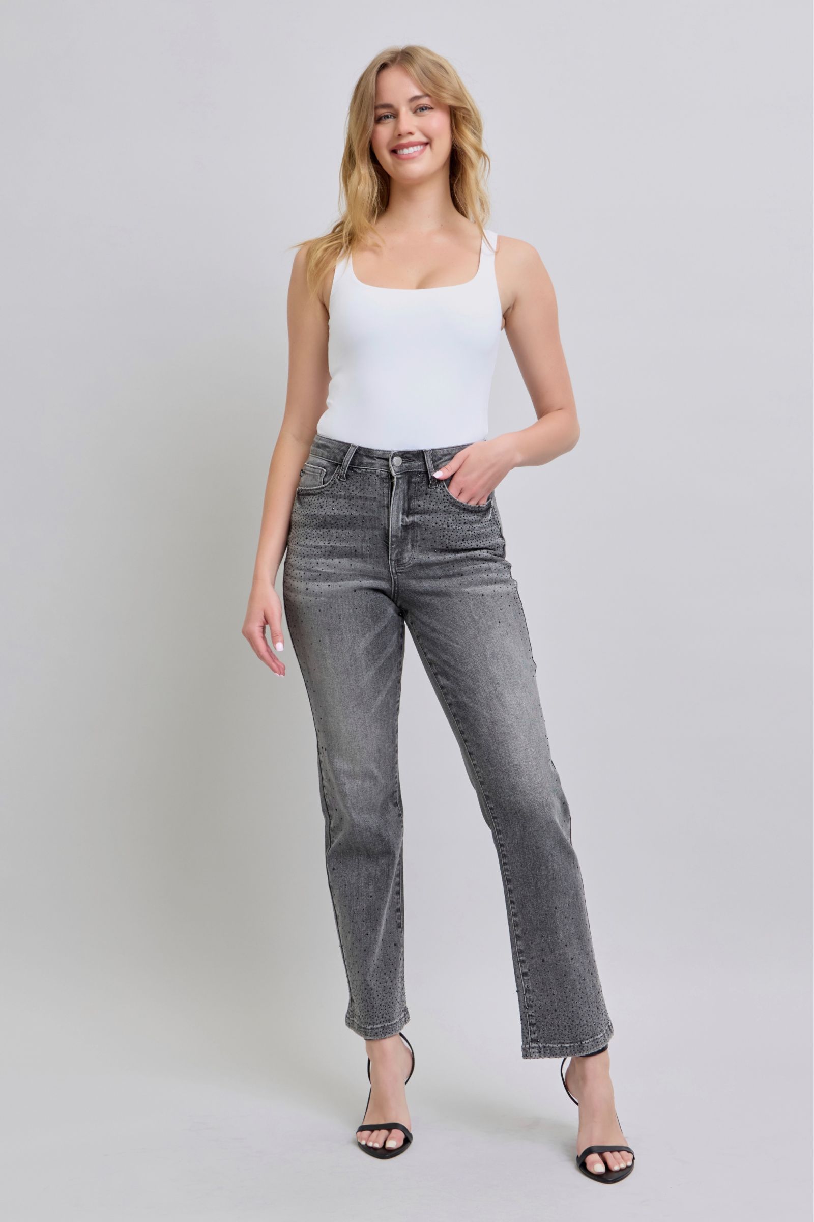 Grey/Black Judy Blue High Waist Rhinestone Straight Jeans