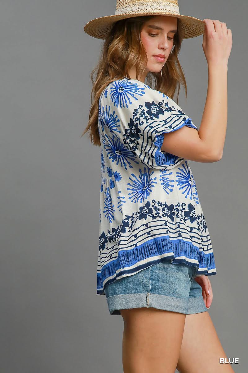 Blue Mixed Border Print Smocked Top