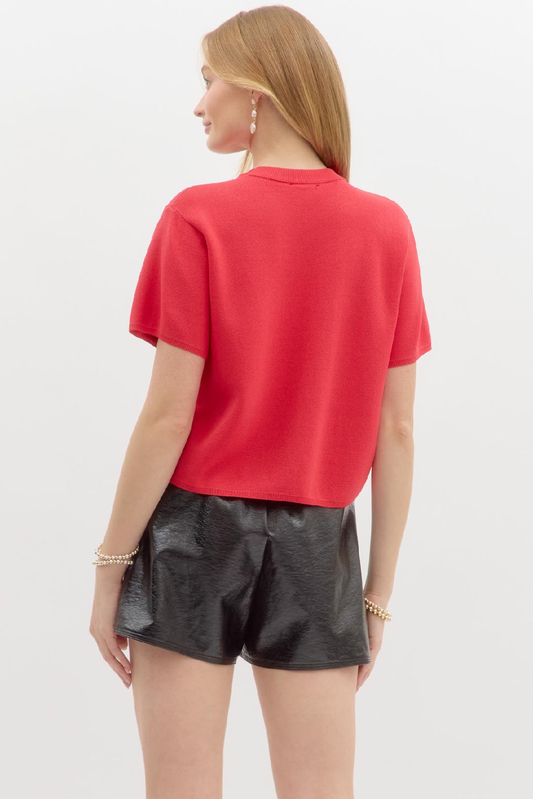 Bow Pearl Embellished Short Sleeve RED Knit Pullover