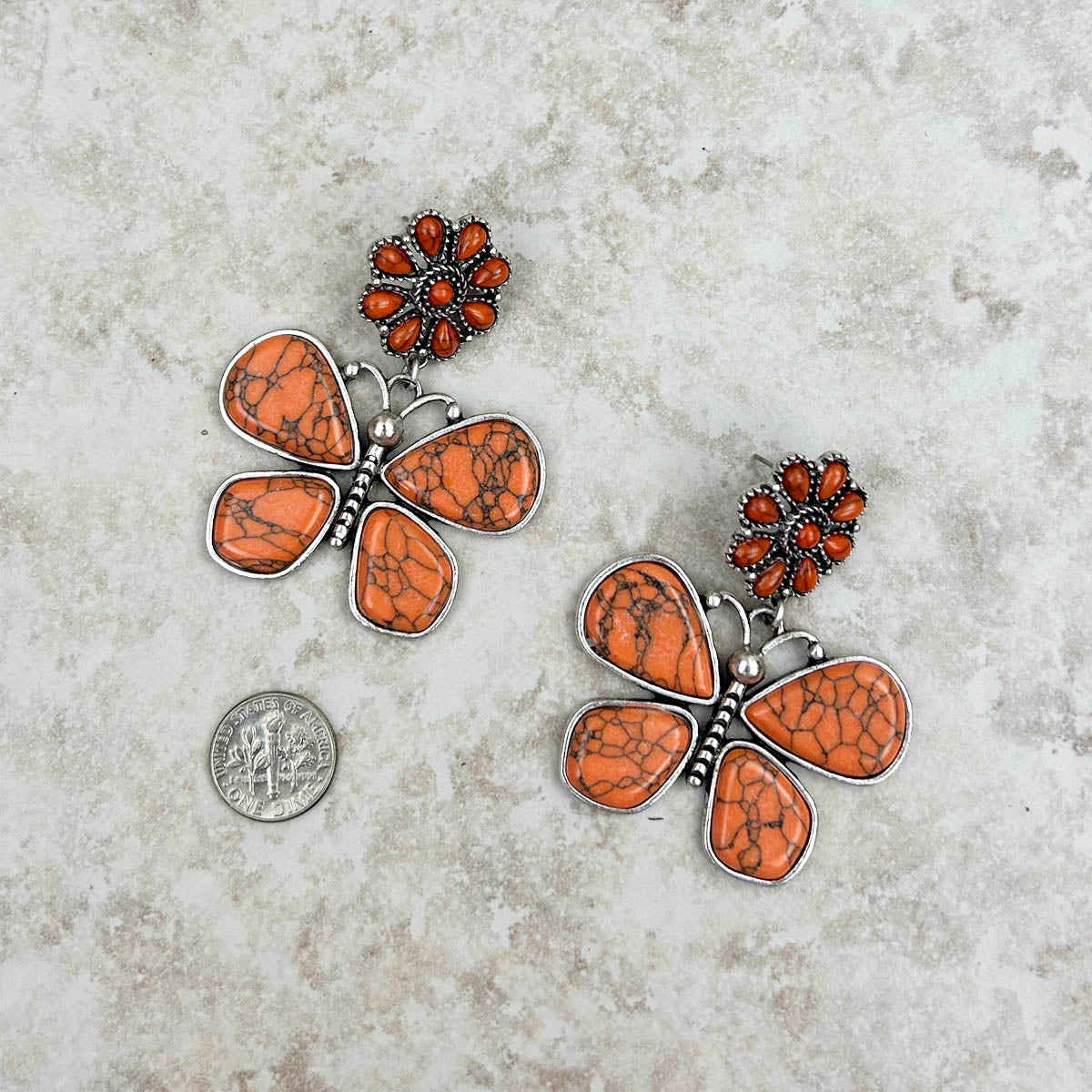 Orange Stone on Silver Fashion Butterfly Earrings