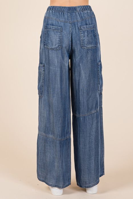 Washed Chambray Elastic Waist Cargo Wide Leg Pants