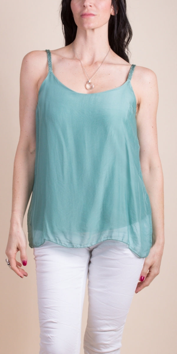 Lake Green Silk Tank w/ Metallic Thread Straps