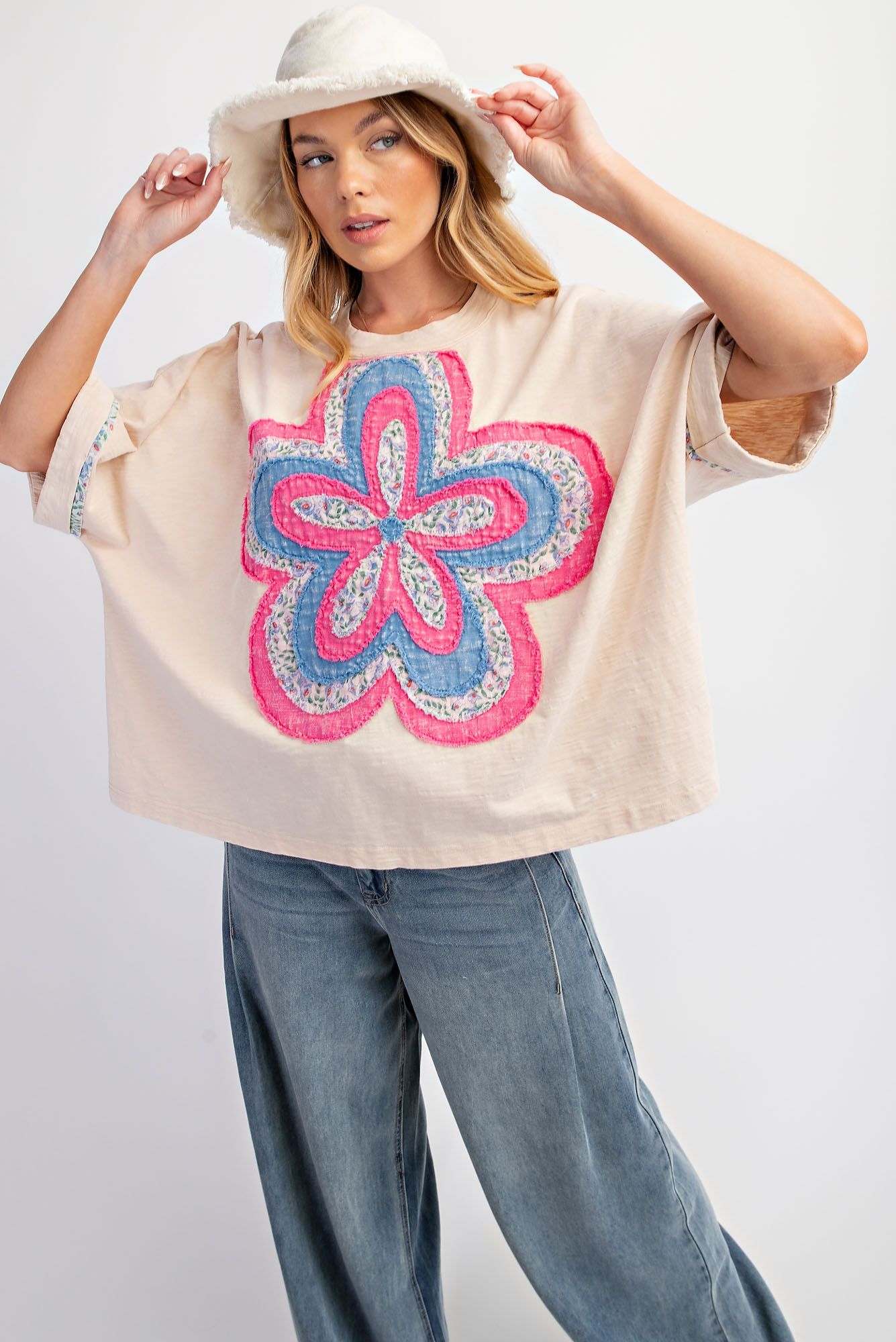 Cream Washed Cotton Top w/ Pink & Blue Flower Patch