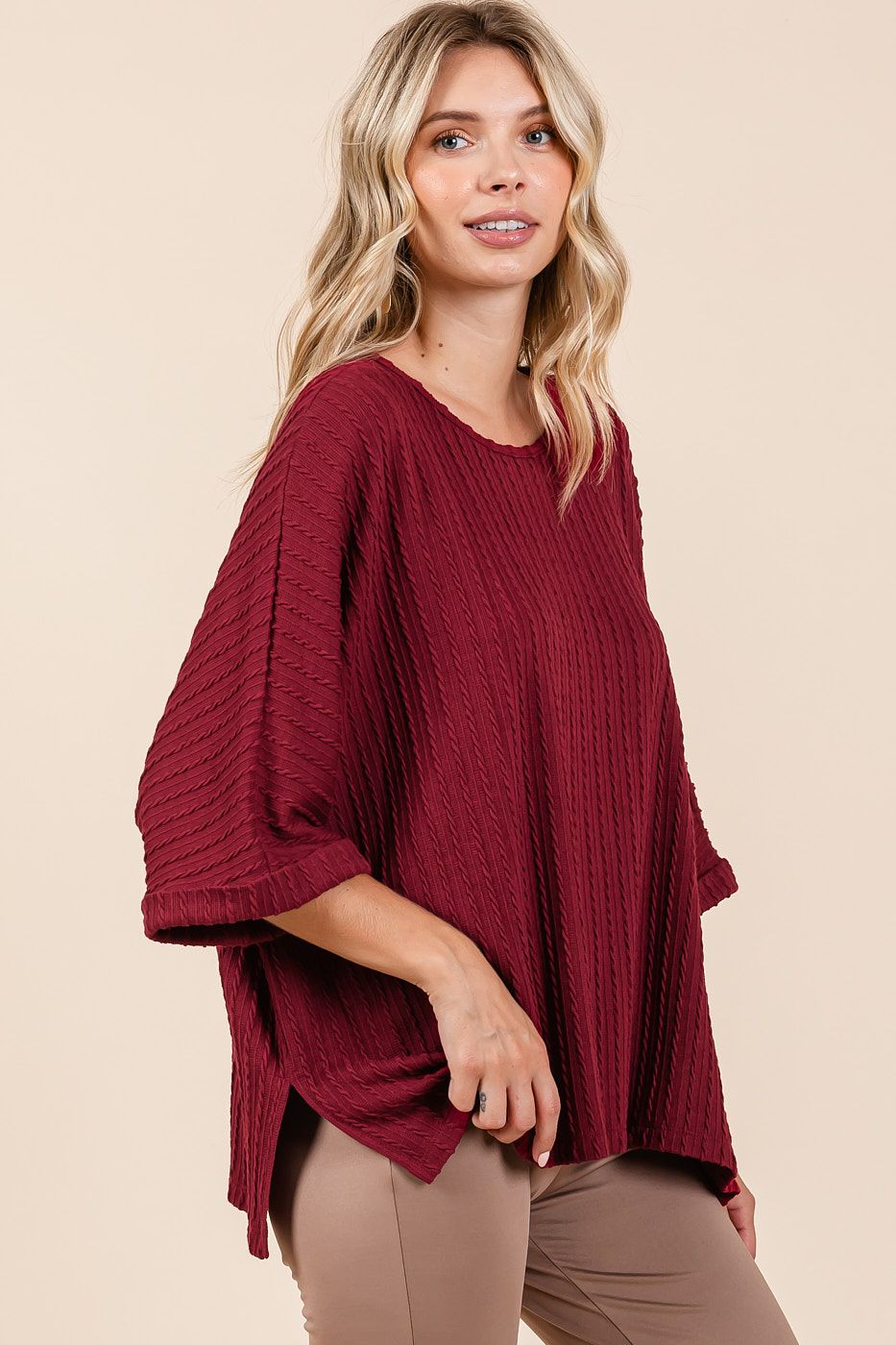 Wine Textured Knit Oversized Top