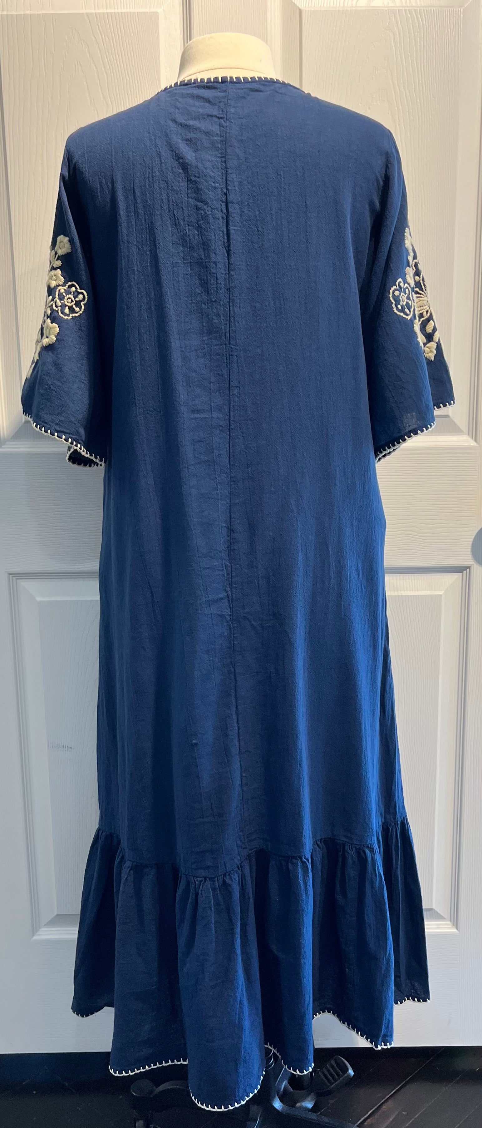 Navy Blue Cotton Embroidered Maxi Dress