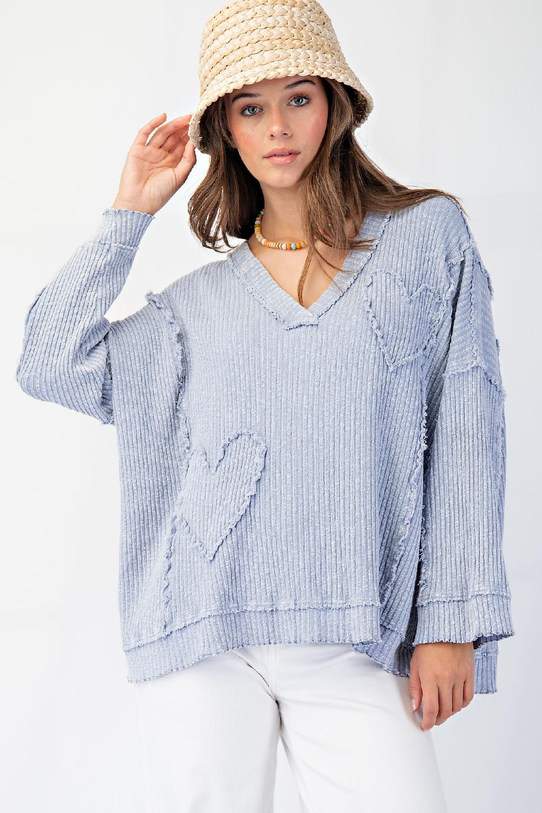 Cloud Blue Mineral Washed Rib Knit Pullover