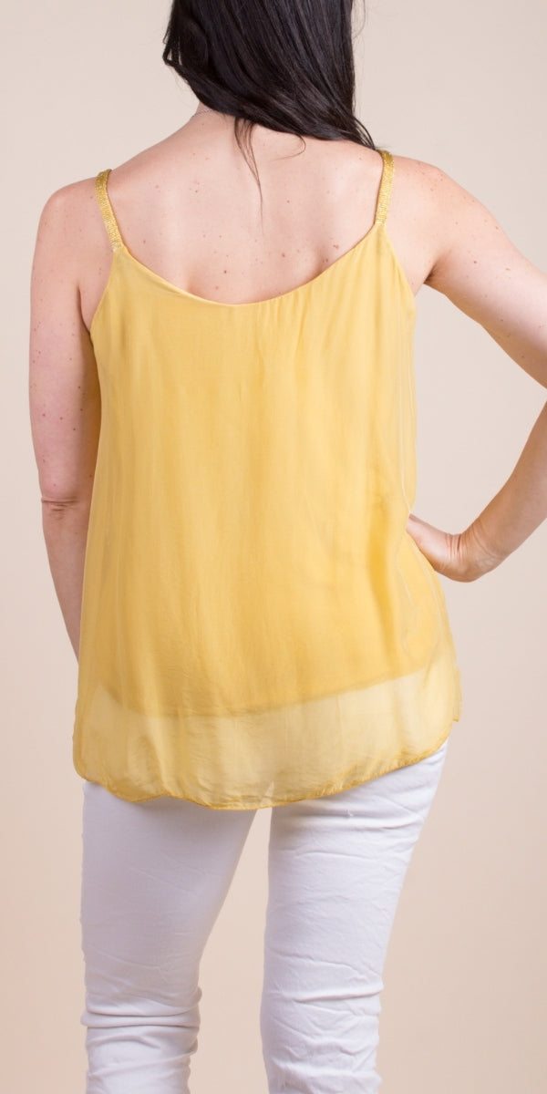 Mustard Silk Tank w/ Metallic Thread Straps