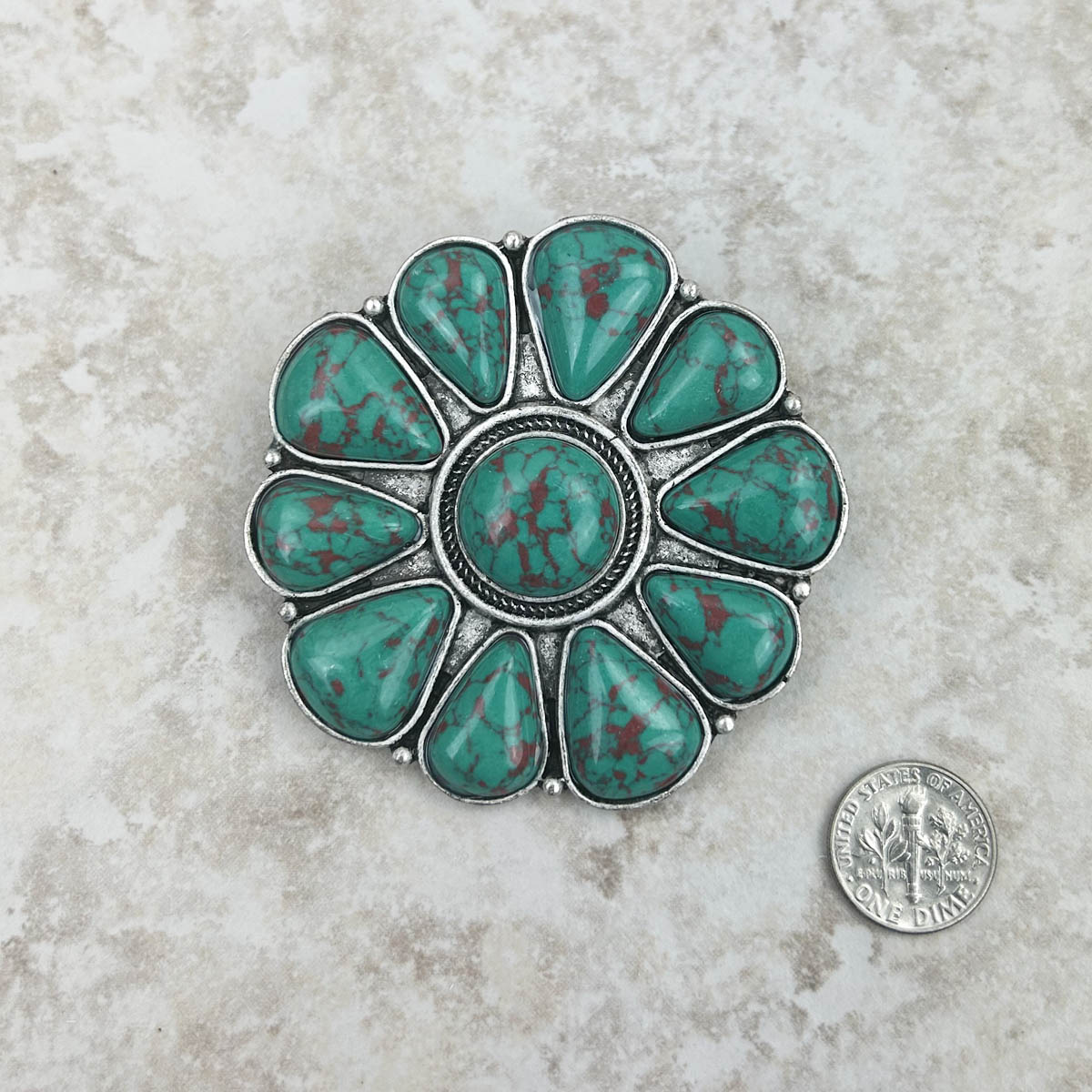 Green Faux Turquoise w/ Brown Marbling Large Flower Concho Brooch