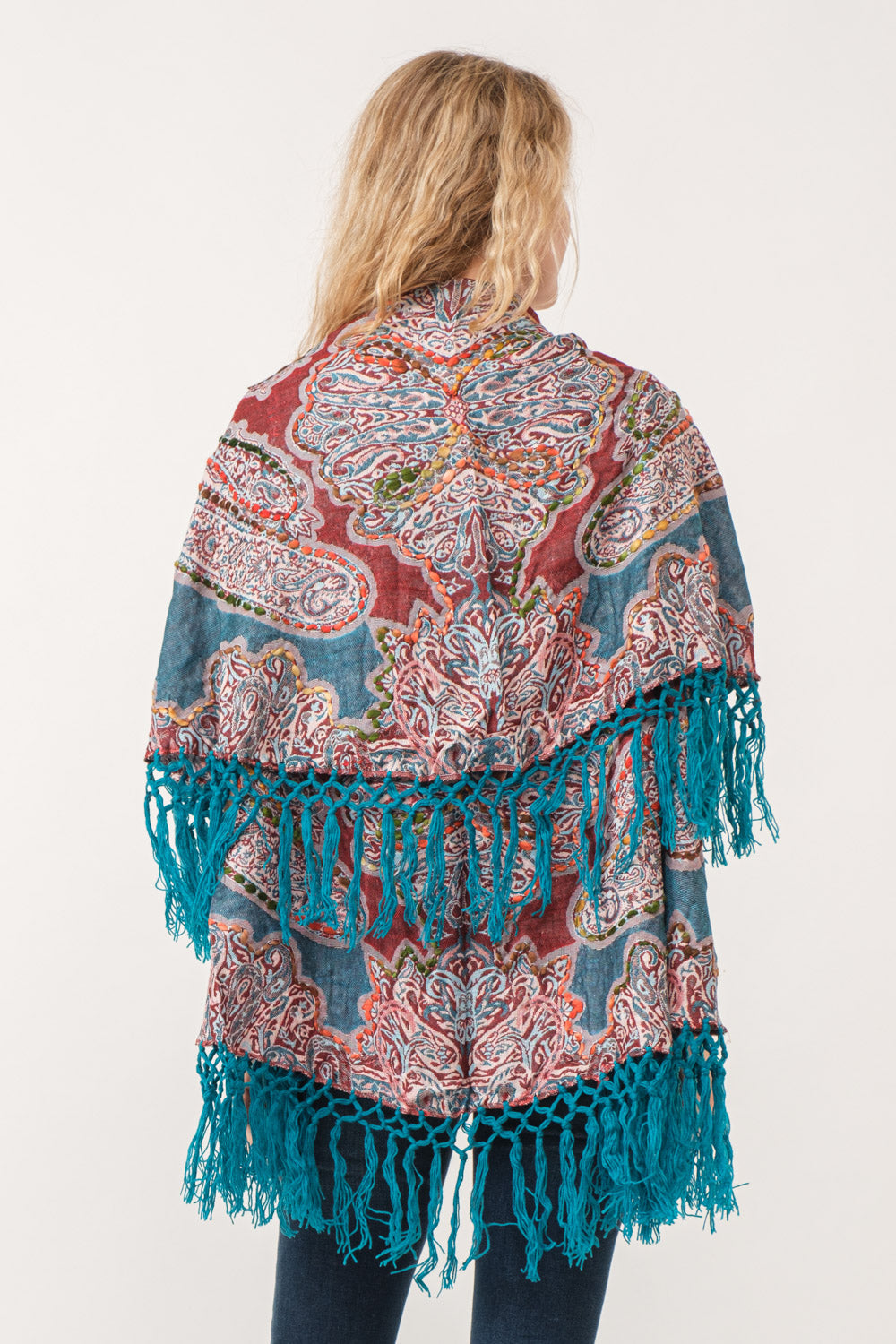 Teal w/ Multi Colors Embroidered Fringed Poncho Vest