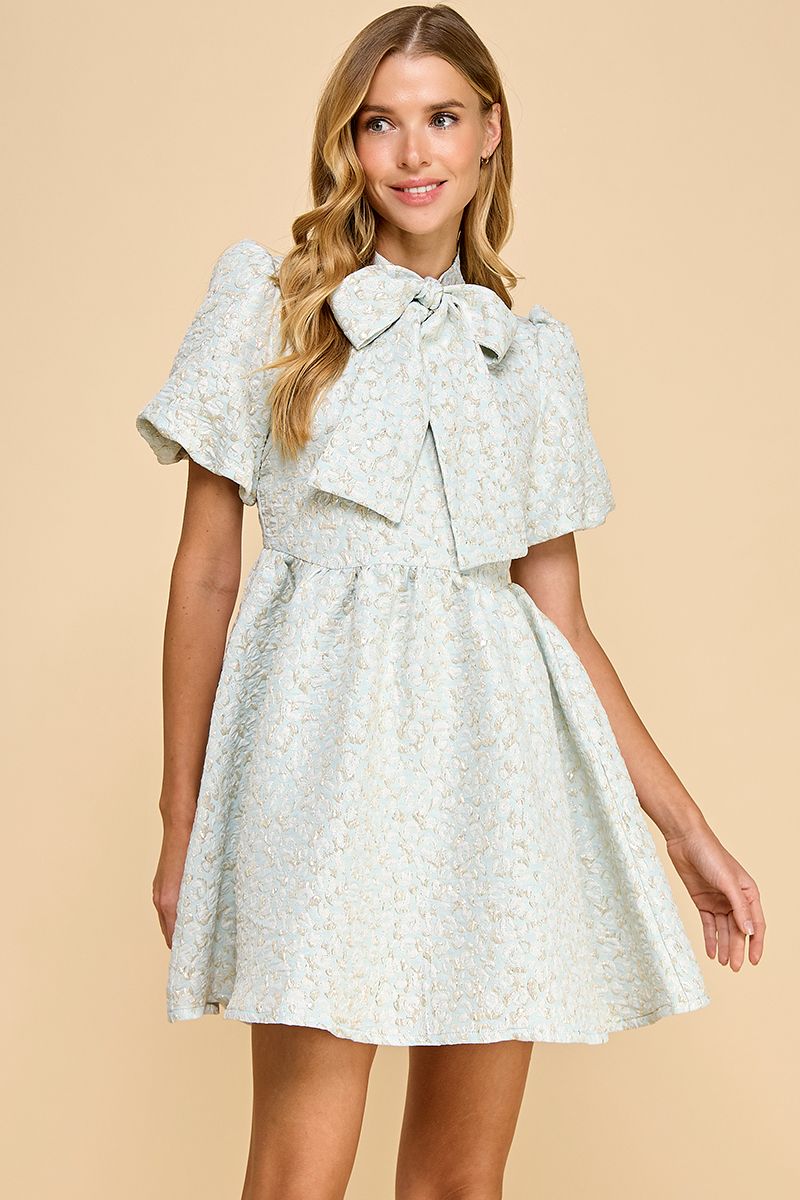 Light Blue Elegant Jacquard Puff Sleeve Fit-and-Flare Dress